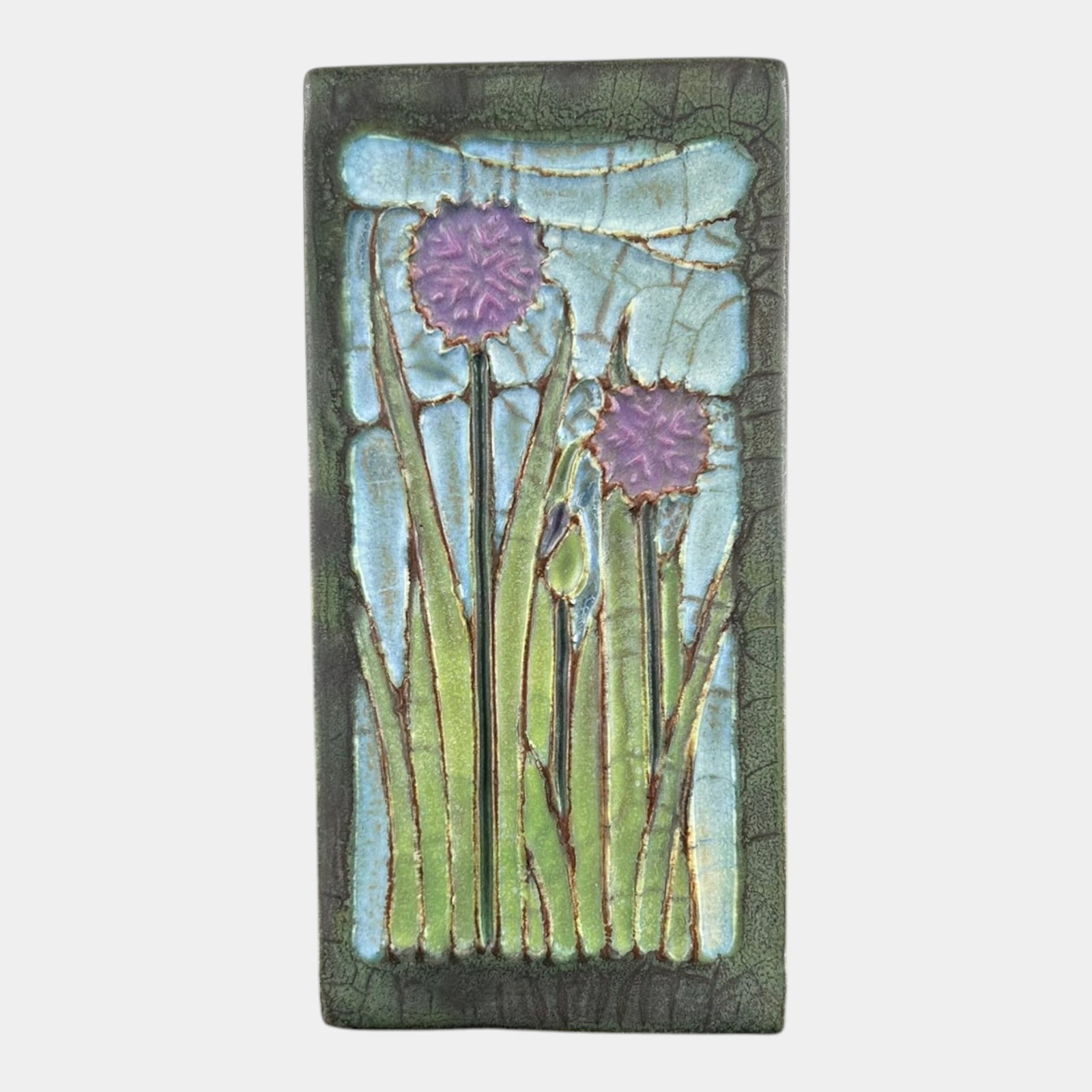 Ephraim Faience Hand Made Arts And Crafts Purple Green Floral "Chive" Tile: Professional, fast, and affordable in house shipping available for all items. For higher resolution images please visit bid.craftedauctions.com Ephraim Faience Hand Made Arts And Crafts Purple Green F