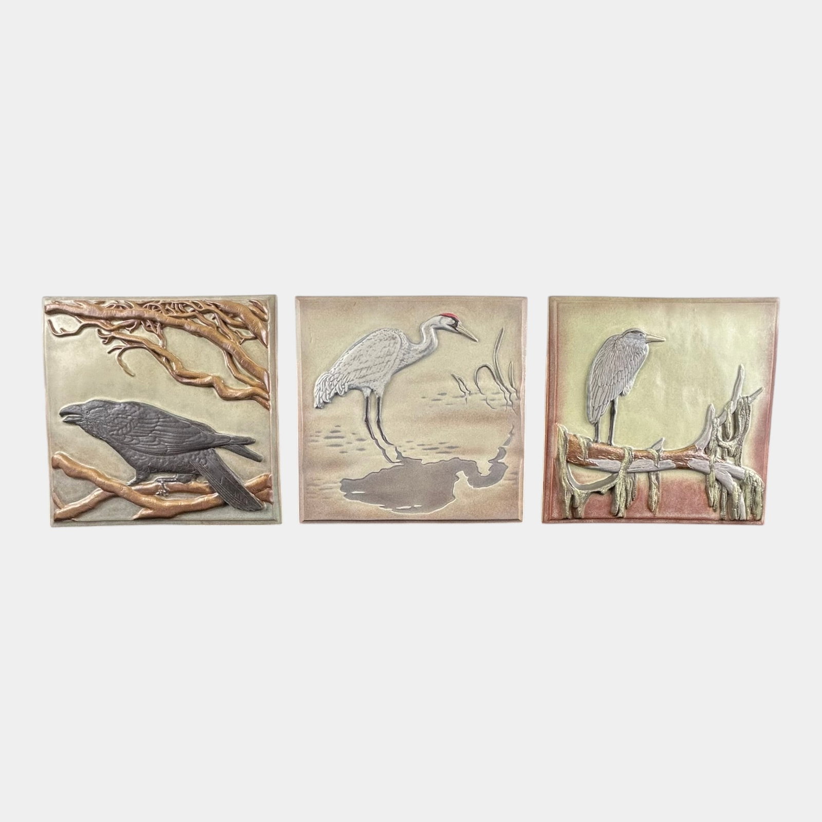 Lewellen Studio Art Pottery Handcrafted Arts And Crafts Heron & Raven Relief Tiles: Professional, fast, and affordable in house shipping available for all items. For higher resolution images please visit bid.craftedauctions.com Lewellen Studio Art Pottery Handcrafted Arts And Crafts 