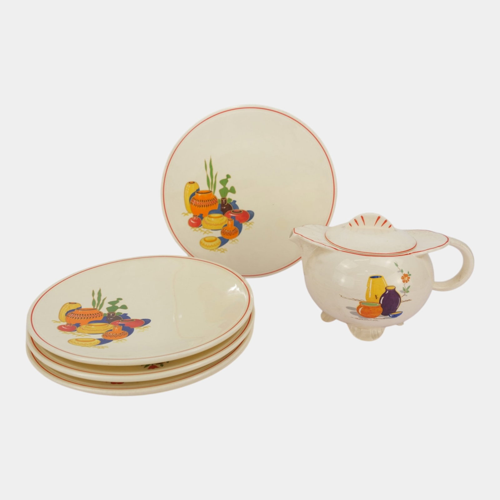Homer Laughlin Kitchen Kraft 1930s Art Deco Mexicana Hacienda Dinner Plates & Paden City Teapot: Professional, fast, and affordable in house shipping available for all items. For higher resolution images please visit bid.craftedauctions.com Homer Laughlin Kitchen Kraft 1930s Art Deco Mexicana Hac