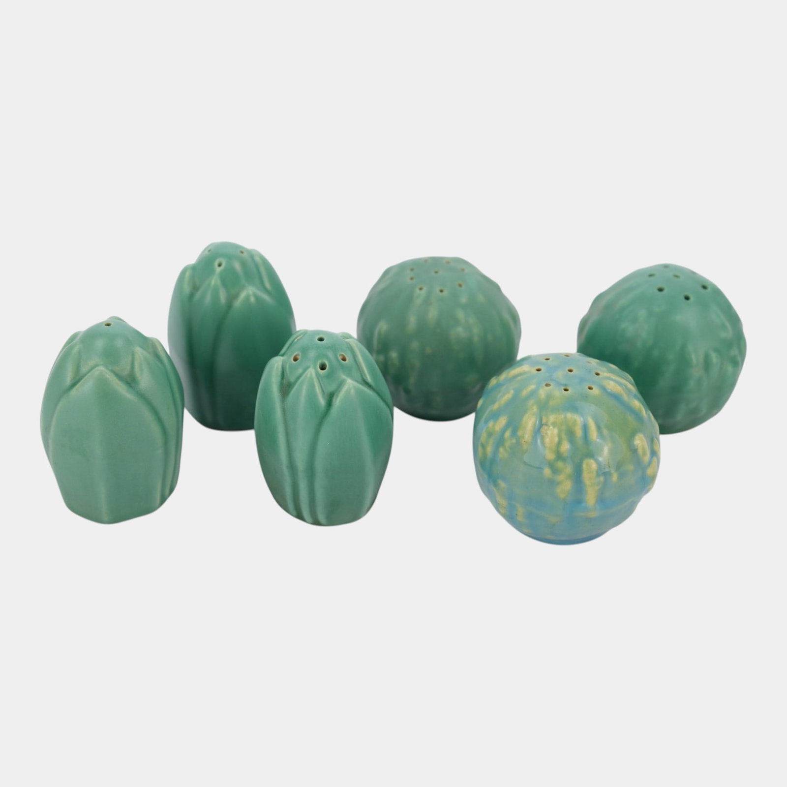 Catalina Island California Pottery 1930s Green Art Deco Tulip & Gourd Figural Salt & Pepper Shakers: Professional, fast, and affordable in house shipping available for all items. For higher resolution images please visit bid.craftedauctions.com Catalina Island California Pottery 1930s Green Art Deco 