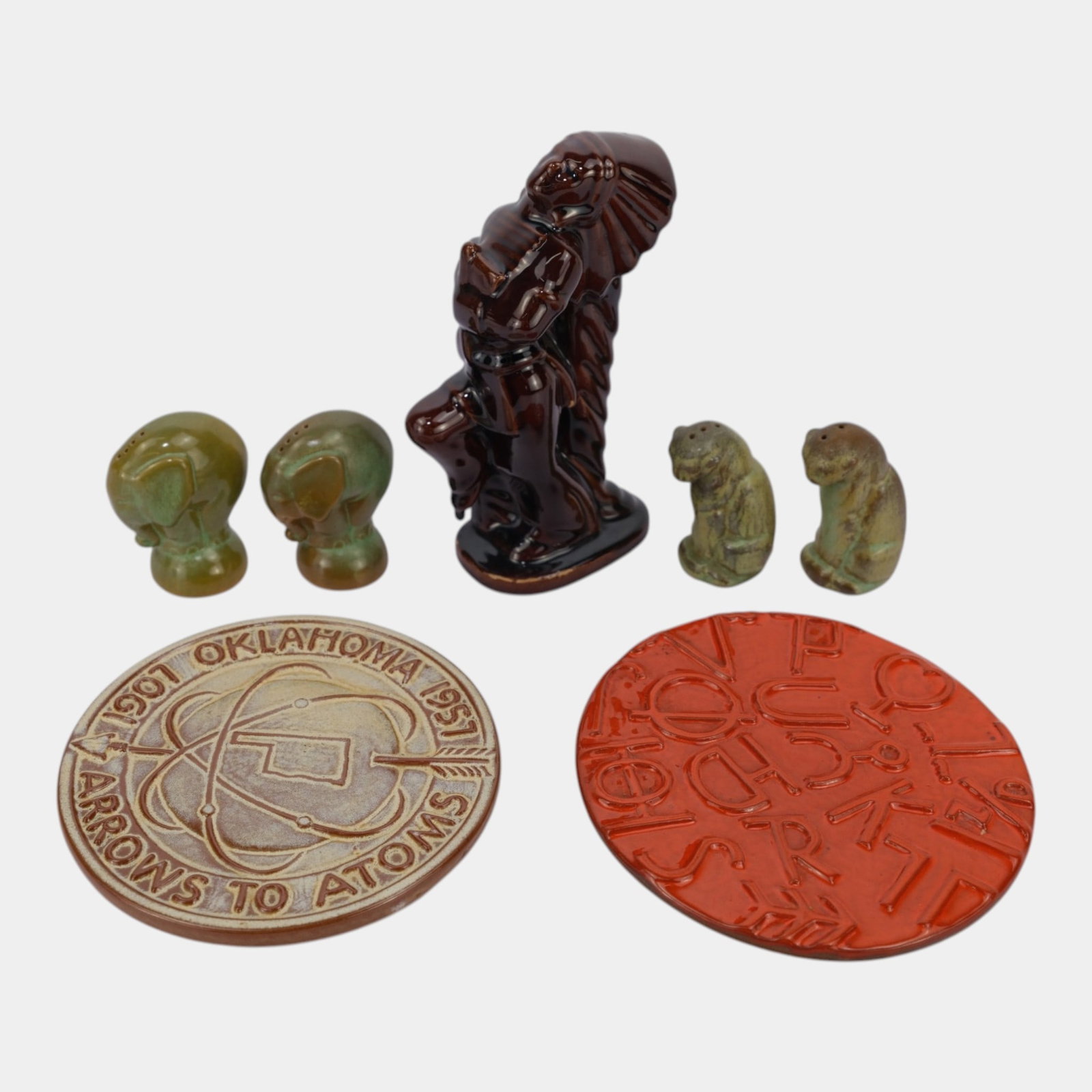 Frankoma Art Pottery Figural Elephant & Cougar Salt Pepper Shakers, Native Figurine, & Trivets: Professional, fast, and affordable in house shipping available for all items. For higher resolution images please visit bid.craftedauctions.com Frankoma Art Pottery Figural Elephant & Cougar Salt Pepp