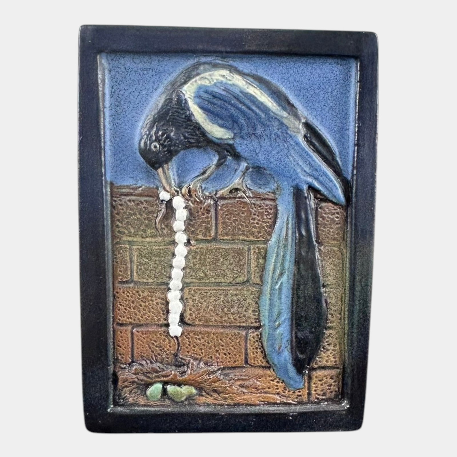 Ephraim Faience 2018 Hand Made Arts And Crafts Magpie Bird Nest Tile: Professional, fast, and affordable in house shipping available for all items. For higher resolution images please visit bid.craftedauctions.com Ephraim Faience 2018 Hand Made Arts And Crafts Magpie Bi