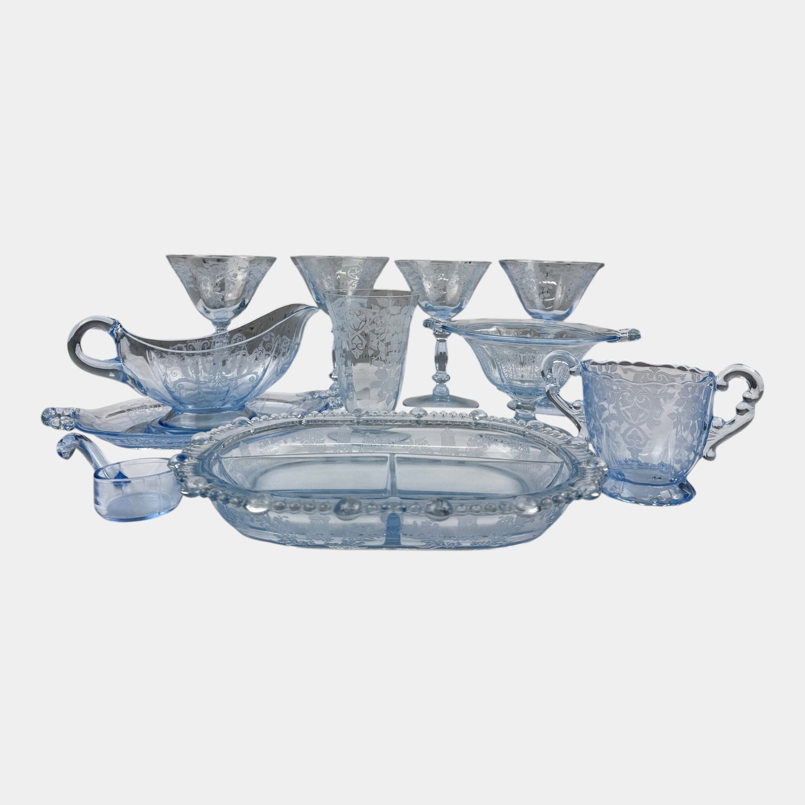 Fostoria Versailles Azure Blue, Cambridge Cleo, Paden City Gazebo Elegant Blue Etched Glass Tray: Professional, fast, and affordable in house shipping available for all items. For higher resolution images please visit bid.craftedauctions.com Fostoria Versailles Azure Blue, Cambridge Cleo, Paden Ci