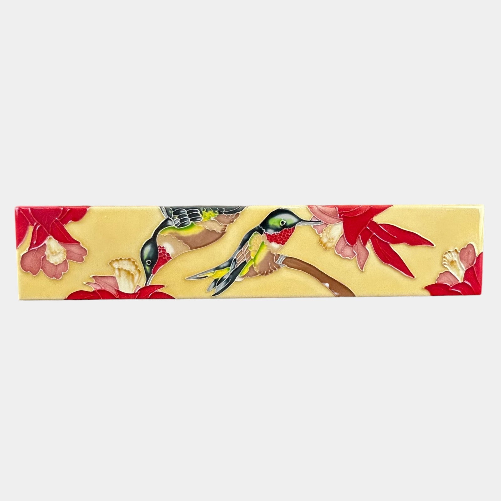 Studio Art Pottery Hummingbird & Red Flower Scenic Ceramic Border Tile (1 of 2)