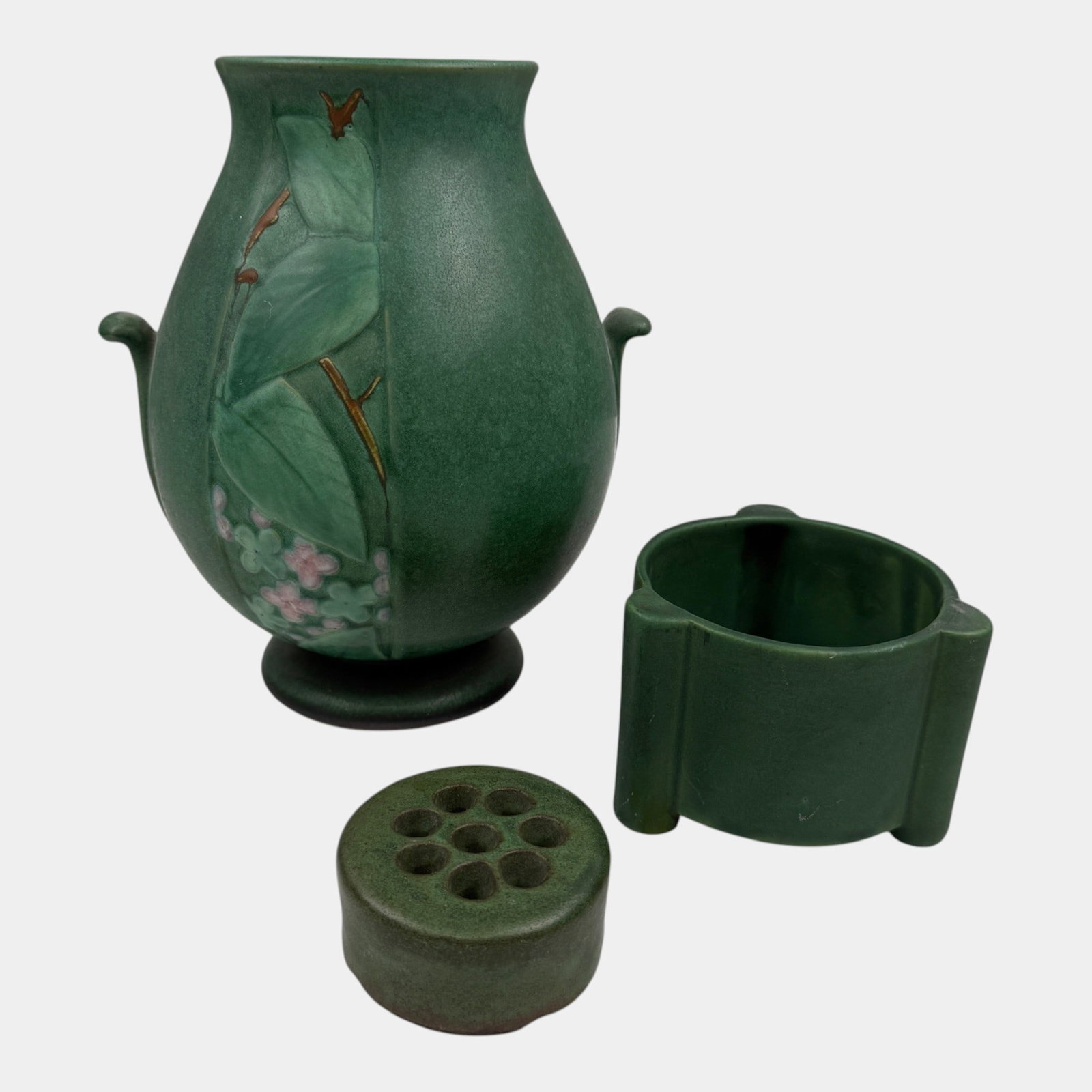 Weller Art Pottery Early 20th Century Matte Green & Velva Vase, Planter, & Flower Frog (1 of 7)
