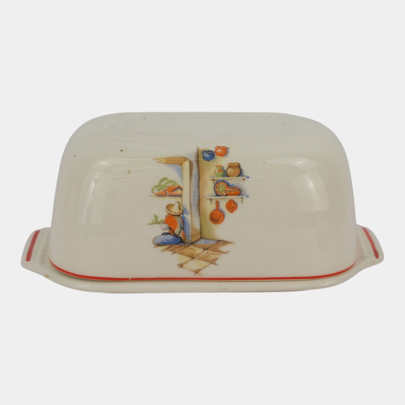 Knowles Utility Ware 1940 Tia Juana Pattern White Mexican Motif Lidded Butter Dish: Professional, fast, and affordable in house shipping available for all items. For higher resolution images please visit bid.craftedauctions.com Knowles Utility Ware 1940 Tia Juana Pattern White Mexica