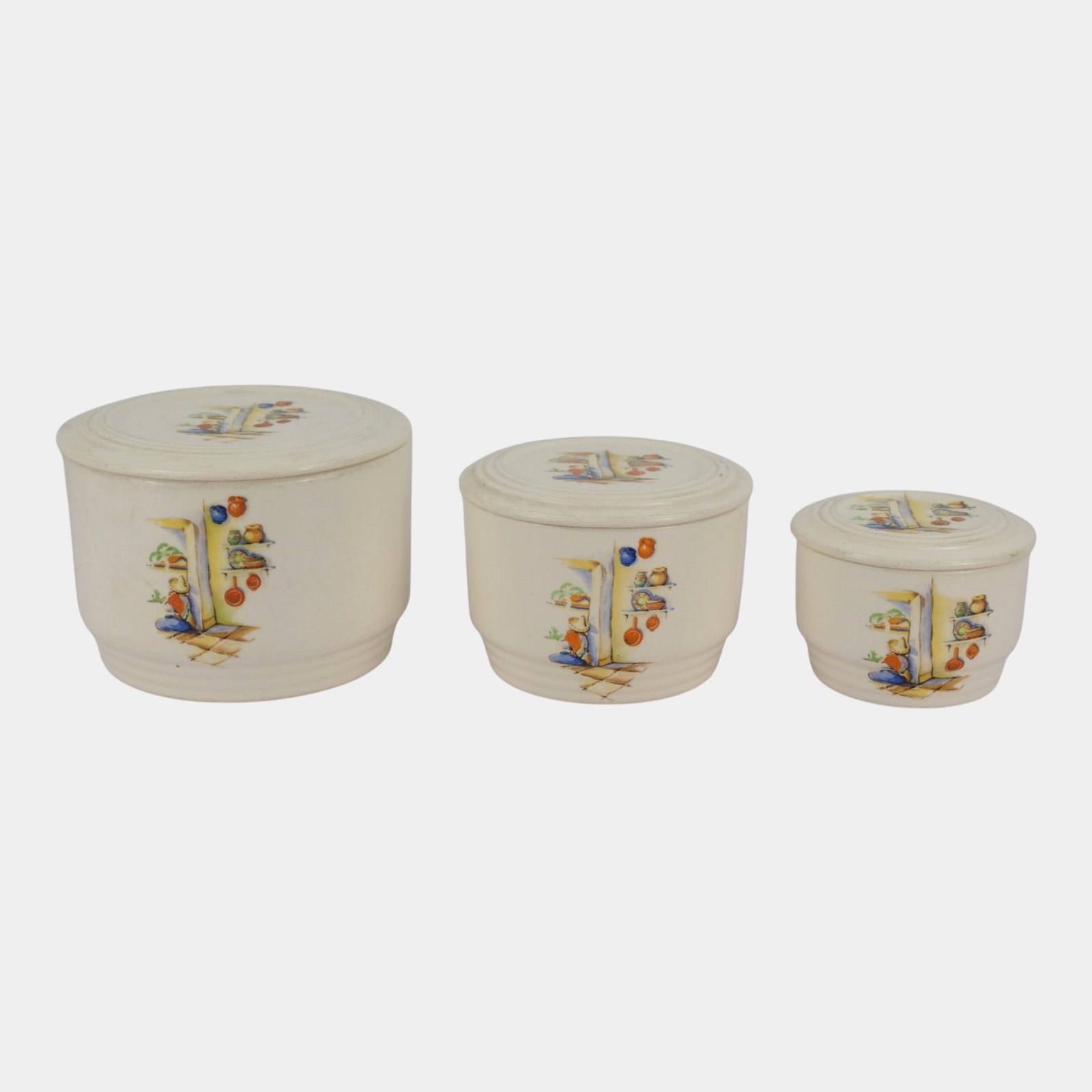Knowles Utility Ware 1940 Tia Juana Pattern White Mexican Motif Nesting Lidded Bowls Cannisters: Professional, fast, and affordable in house shipping available for all items. For higher resolution images please visit bid.craftedauctions.com Knowles Utility Ware 1940 Tia Juana Pattern White Mexica