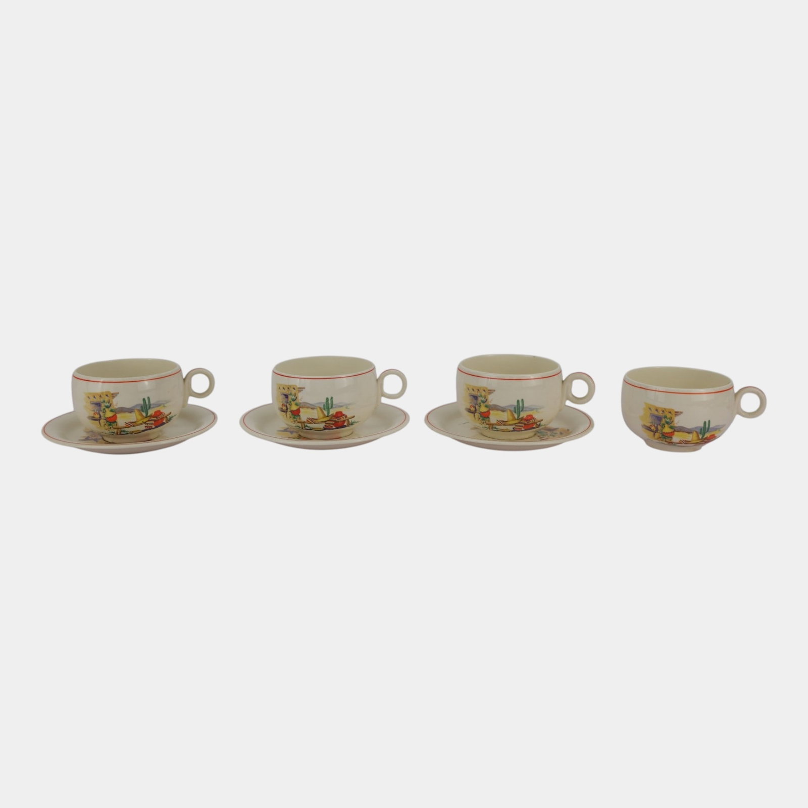 Homer Laughlin 1930s Art Deco White Red Band Hacienda Pattern Set Of Cups & Saucers: Professional, fast, and affordable in house shipping available for all items. For higher resolution images please visit bid.craftedauctions.com Homer Laughlin 1930s Art Deco White Red Band Hacienda Pa