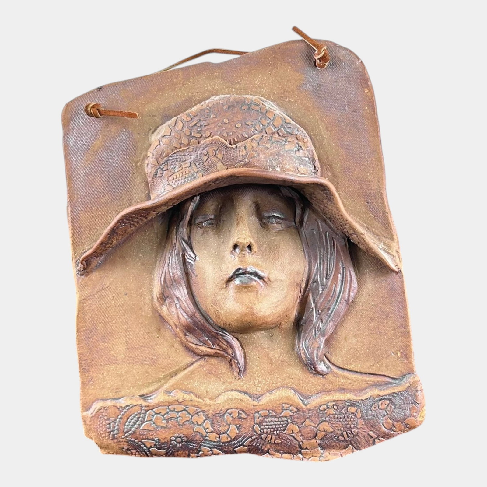 Mid Century Modern Figural Woman Portrait Metallic Copper Glazed Ceramic Wall Plaque Hanging: Professional, fast, and affordable in house shipping available for all items. For higher resolution images please visit bid.craftedauctions.com Mid Century Modern Figural Woman Portrait Metallic Coppe