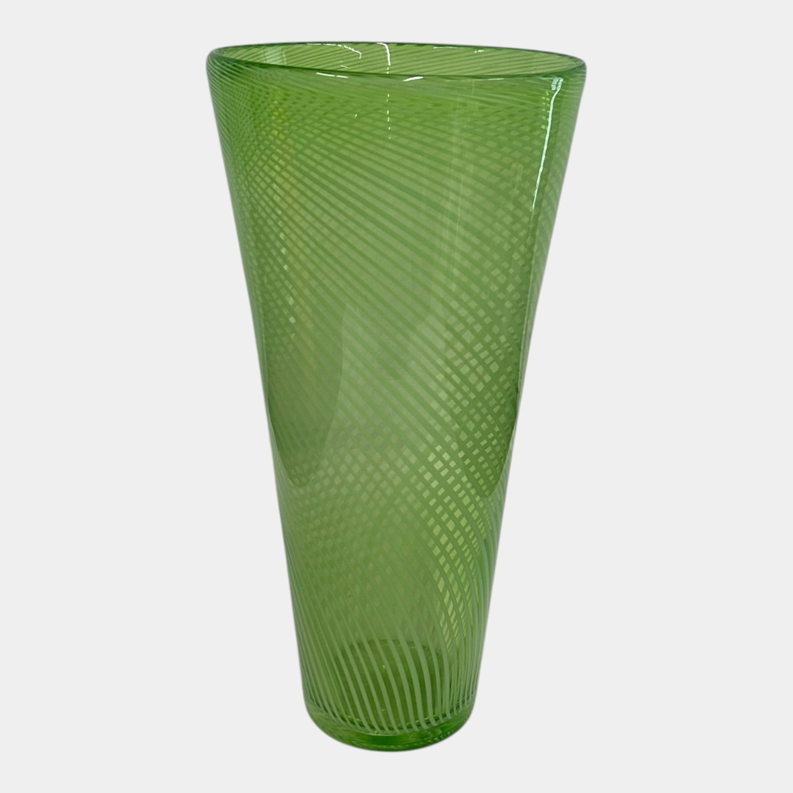 Murano Style Mid Century Green Lattice Twist Art Glass Tall Tapered Decorative Vase: Professional, fast, and affordable in house shipping available for all items. For higher resolution images please visit bid.craftedauctions.com Murano Style Mid Century Green Lattice Twist Art Glass T