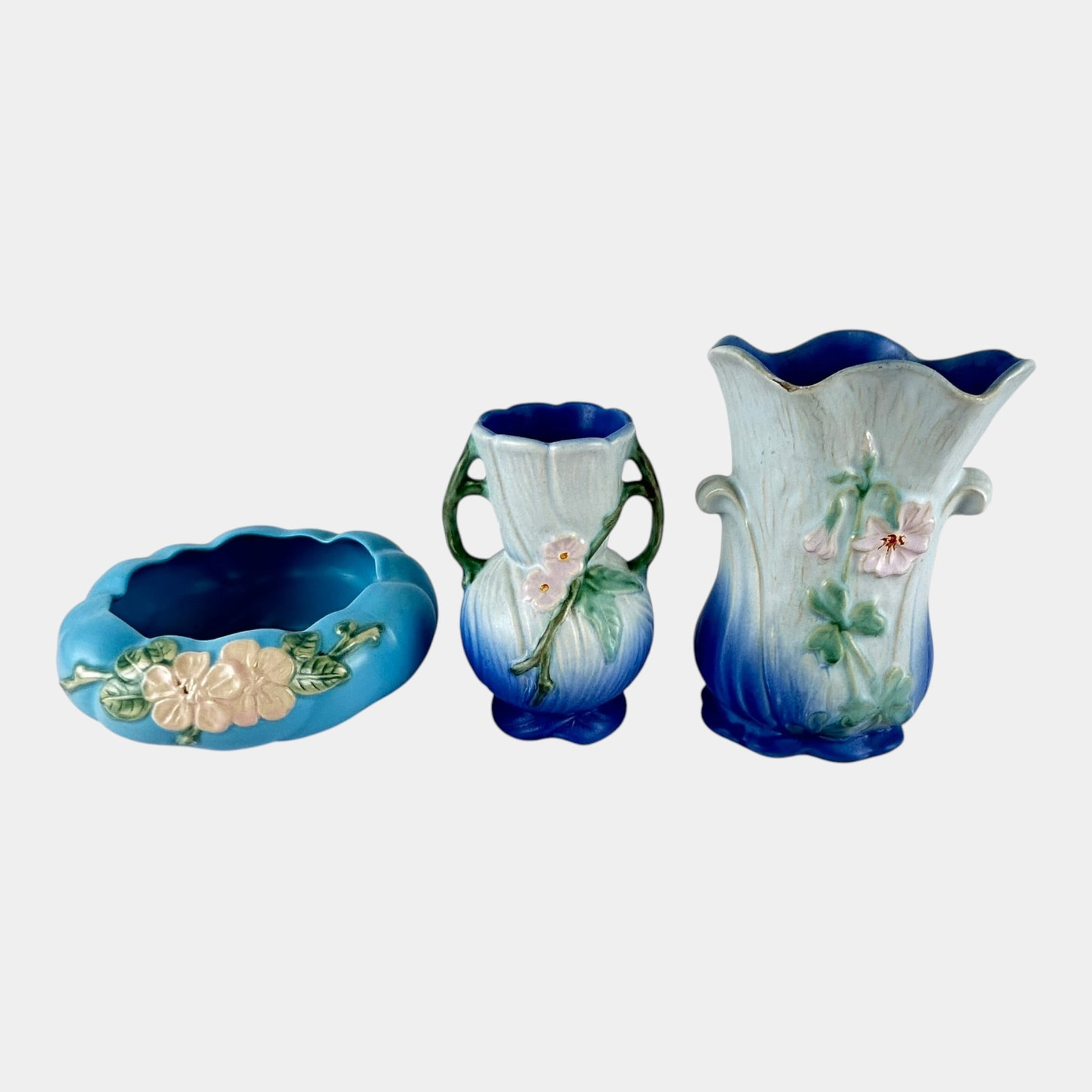 Weller Roba & Dogwood Decorated 1930s Blue Floral Art Pottery Vases And Bowl (1 of 5)