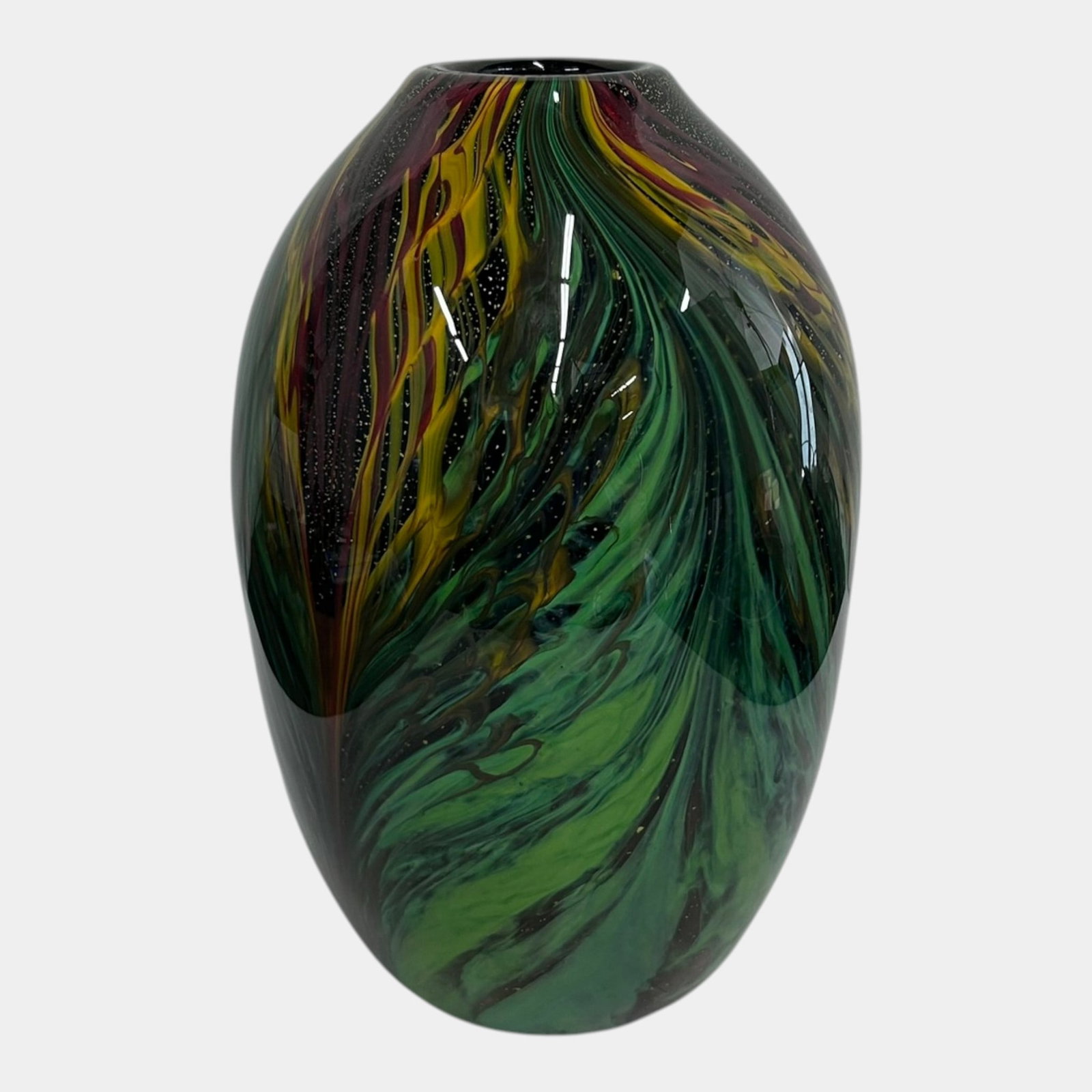 Contemporary Hand Blown Green Gold & Black Swirl Studio Art Glass Decorative Vase: Professional, fast, and affordable in house shipping available for all items. For higher resolution images please visit bid.craftedauctions.com Contemporary Hand Blown Green Gold & Black Swirl Studio 