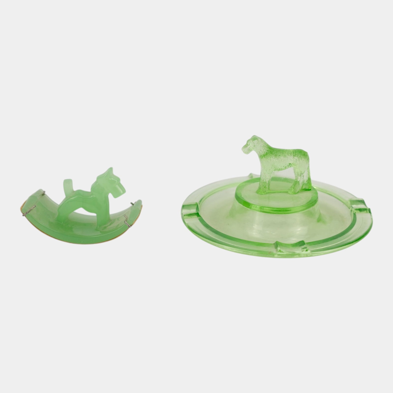 Green Uranium Depression Glass Dog Ash Tray & Green Jadeite Glass Dog Ink Blotter: Professional, fast, and affordable in house shipping available for all items. For higher resolution images please visit bid.craftedauctions.com Green Uranium Depression Glass Dog Ash Tray & Green Jade