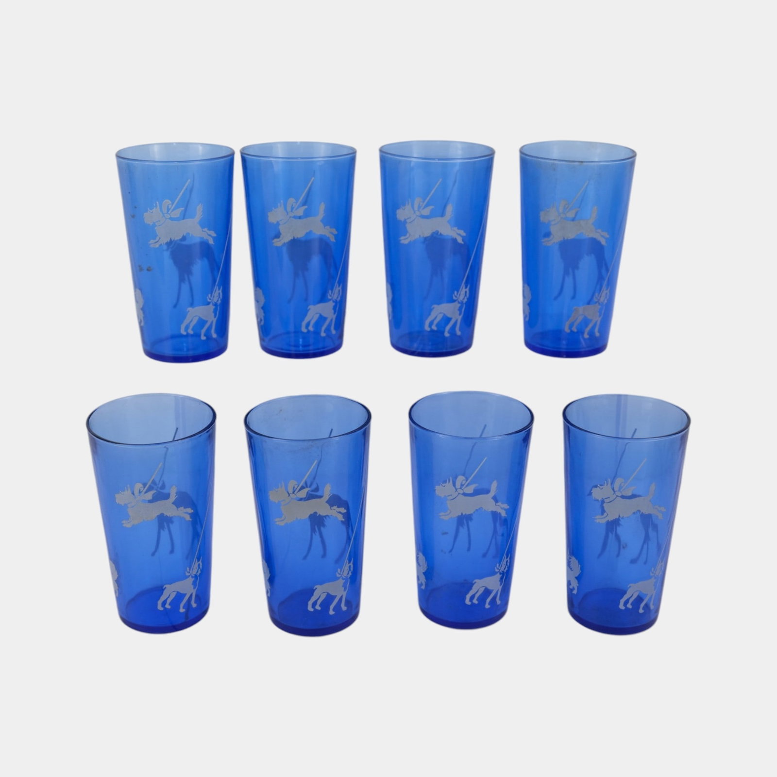 Hazel Atlas 1930s Art Deco Cobalt Blue Blue Scottish Terrier Glass Tumblers Set Of 8 (1 of 4)