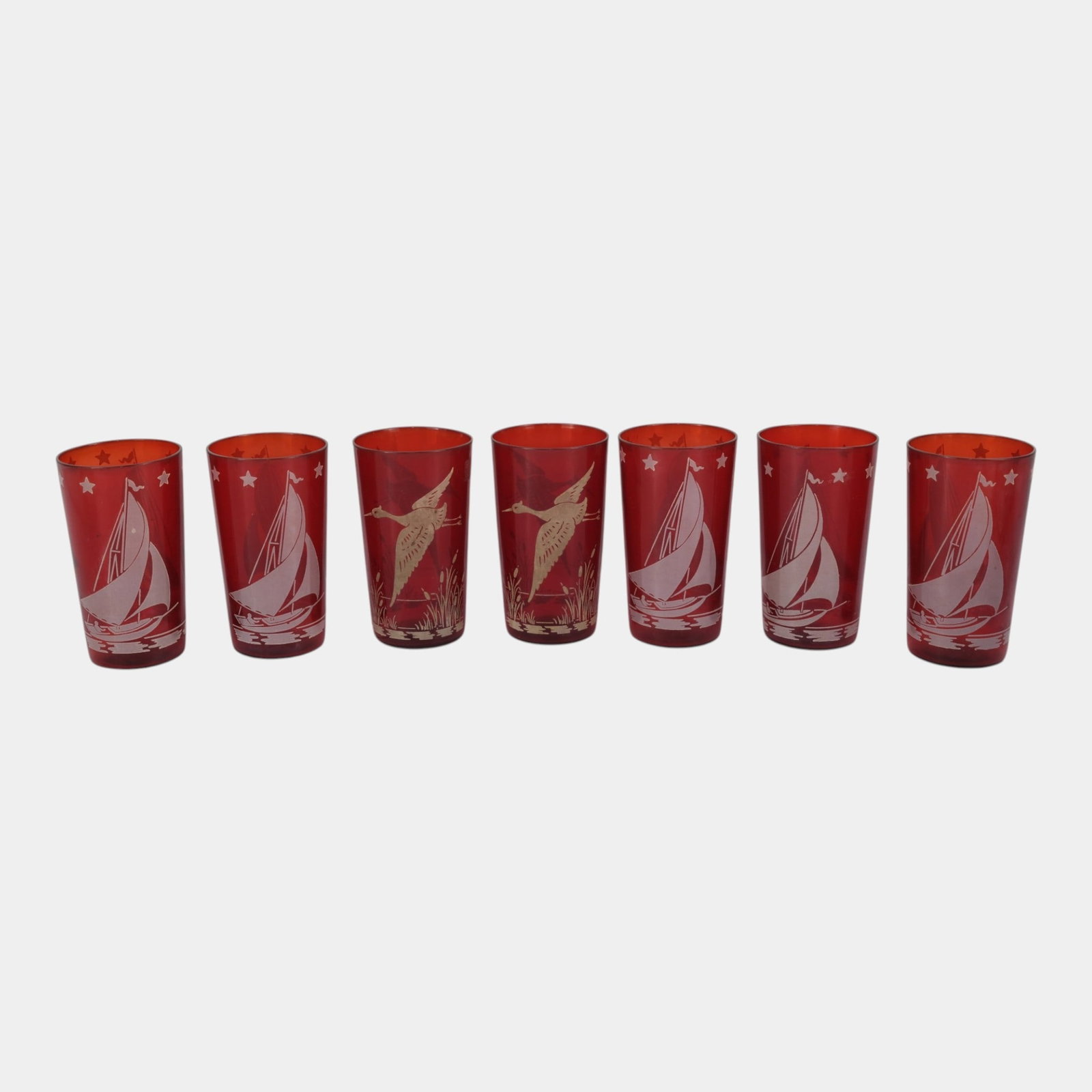 Hazel Atlas 1940s Ruby Red Sail Boats Under Stars & Crane Heron Tumbler Cups (1 of 3)