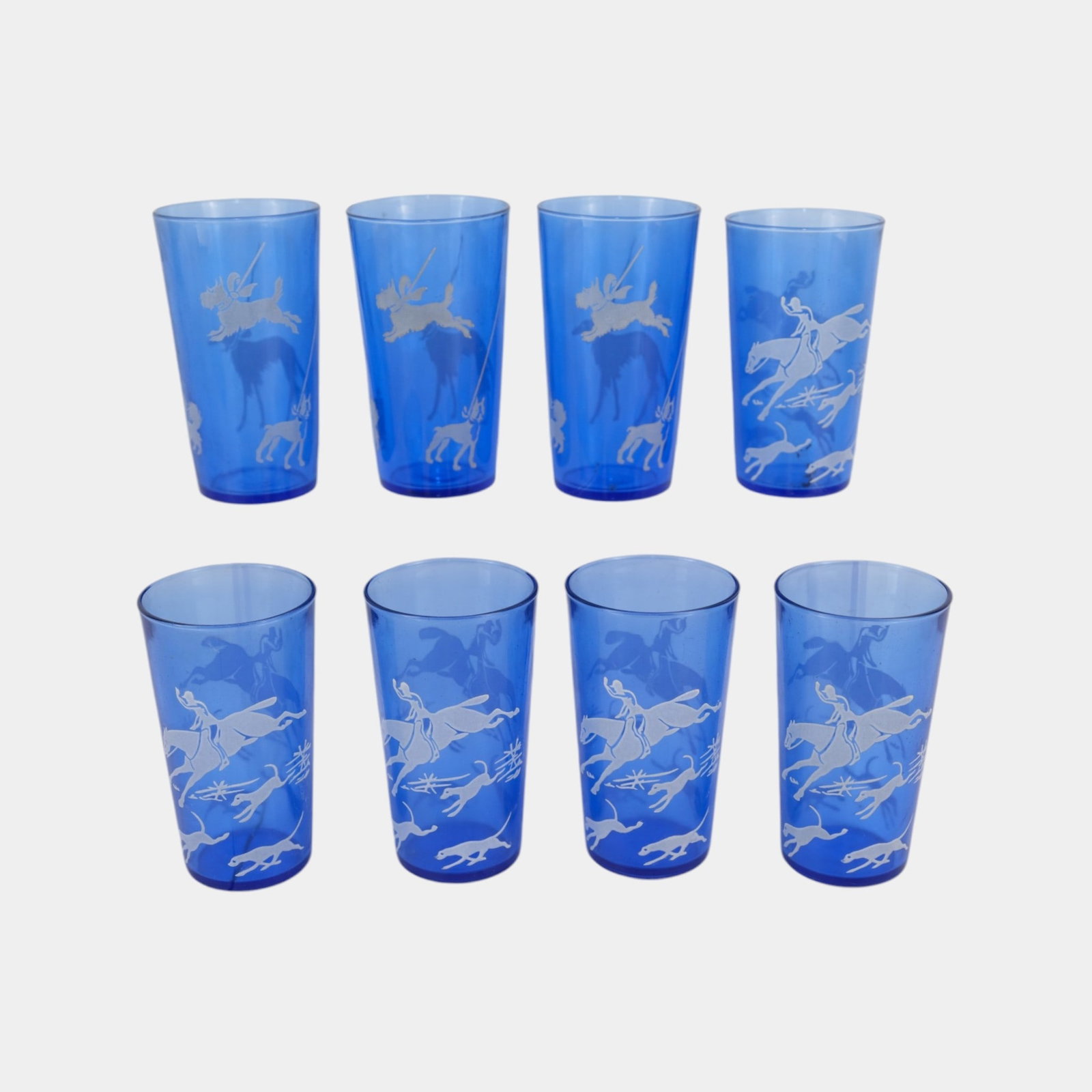 Hazel Atlas 1930s Art Deco Cobalt Blue "Tally Ho" Fox Hunt Equestrian Scene Tumblers: Professional, fast, and affordable in house shipping available for all items. For higher resolution images please visit bid.craftedauctions.com Hazel Atlas 1930s Art Deco Cobalt Blue "Tally Ho" Fox Hu