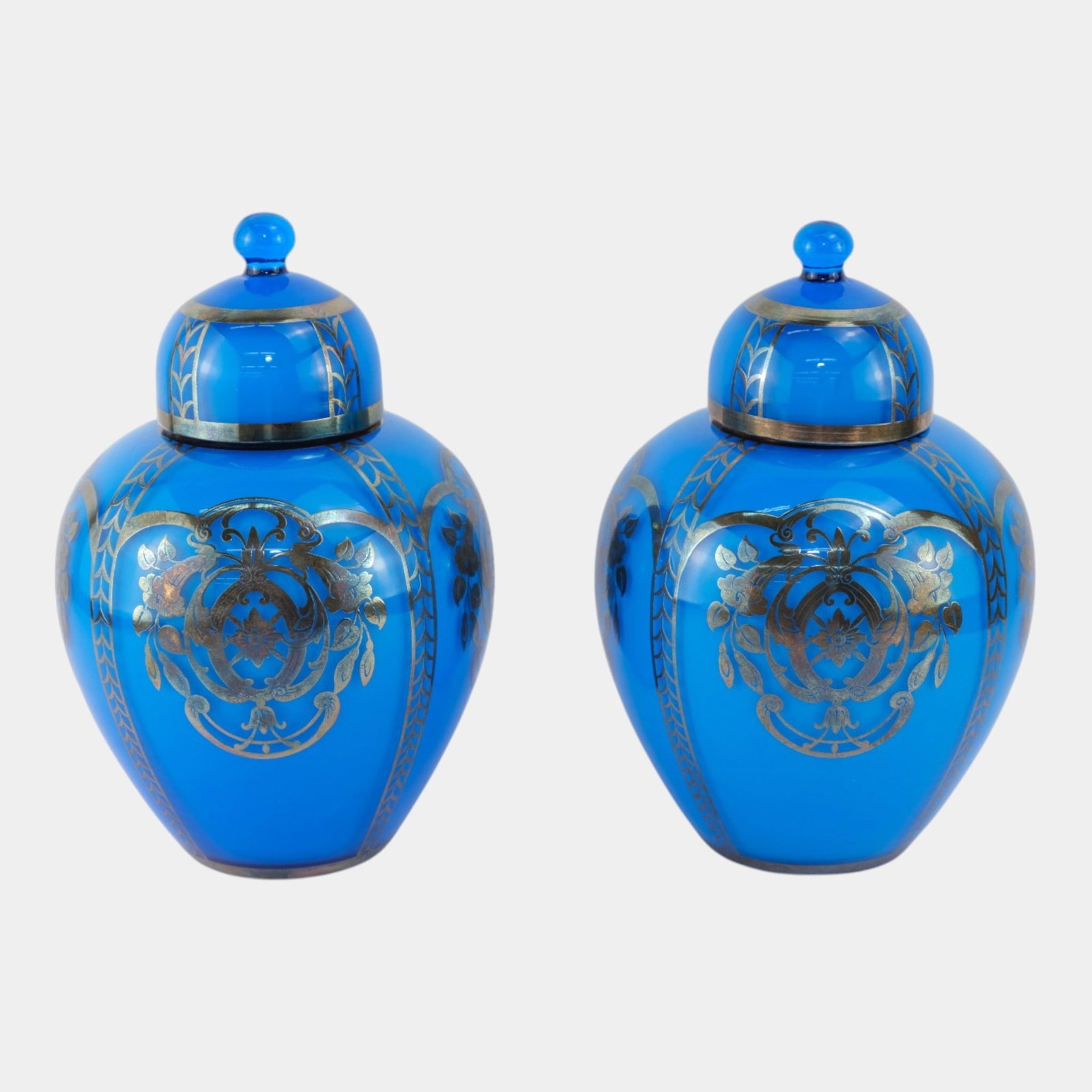 Harrachov Glassworks Bohemian Victorian Late 19th Century Silver Overlay Blue Glass Ginger Jars: Professional, fast, and affordable in house shipping available for all items. For higher resolution images please visit bid.craftedauctions.com Harrachov Glassworks Bohemian Victorian Late 19th Centur