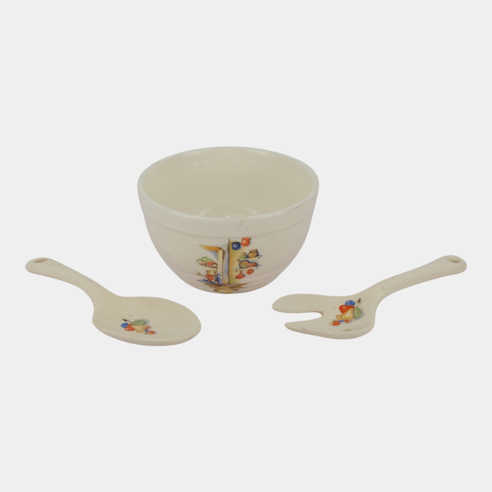 Knowles Utility Ware 1940 Tia Juana Pattern White Mexican Motif Mixing Bowl And Serving Utensils: Professional, fast, and affordable in house shipping available for all items. For higher resolution images please visit bid.craftedauctions.com Knowles Utility Ware 1940 Tia Juana Pattern White Mexica