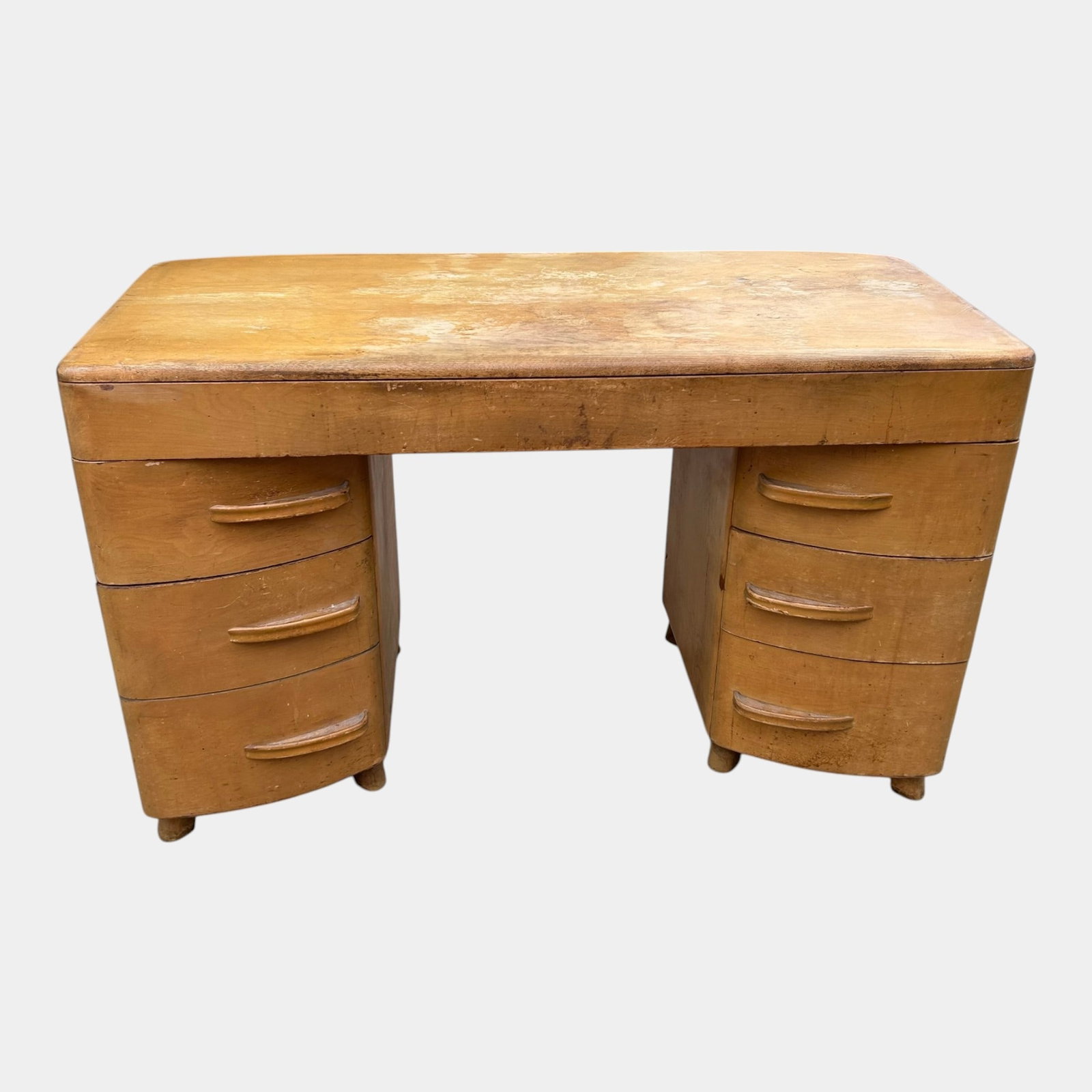 Count Alexis de Sakhnoffsky For Heywood Wakefield 1950s Mid Century Modern Kneehole Desk: Professional, fast, and affordable in house shipping available for all items. For higher resolution images please visit bid.craftedauctions.com Count Alexis de Sakhnoffsky For Heywood Wakefield 1950s 