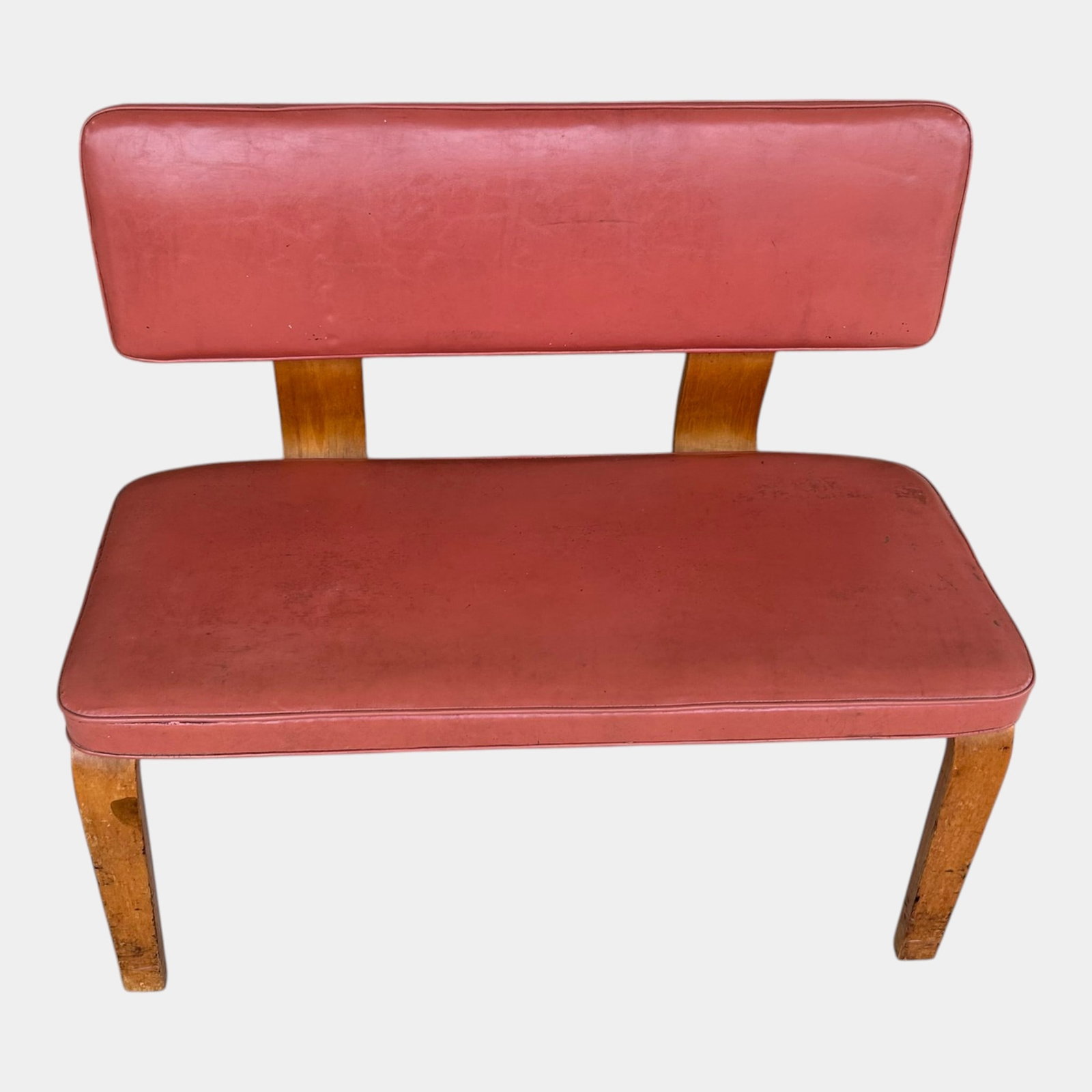 Thonet Furniture Mid Century Modern Red Riveted Vinyl Upholstered Bentwood Bench: Professional, fast, and affordable in house shipping available for all items. For higher resolution images please visit bid.craftedauctions.com Thonet Furniture Mid Century Modern Red Riveted Vinyl Up