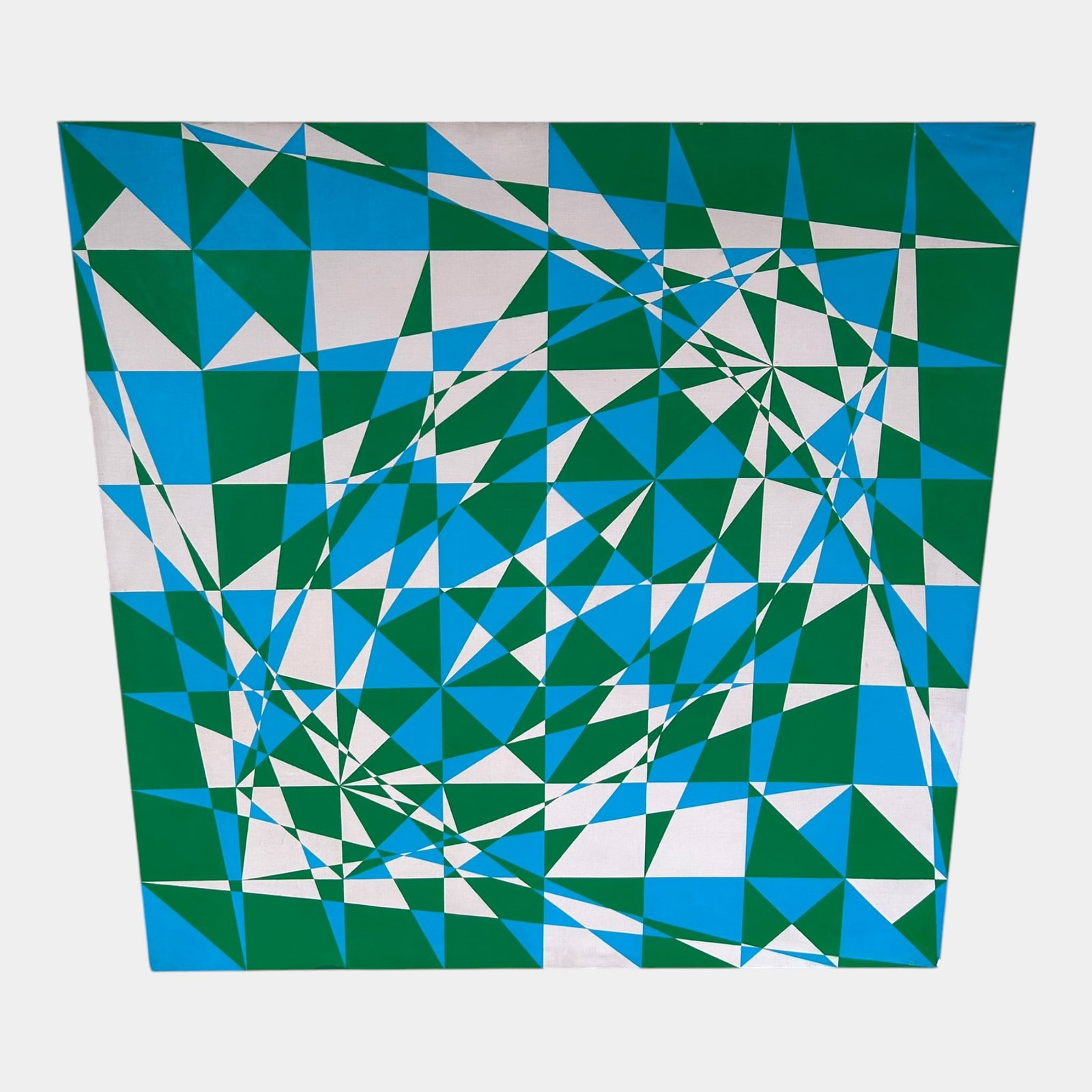 Alvin Dickstein New York Artist Green Blue White Geometrical Mid Century Canvas Painting: Professional, fast, and affordable in house shipping available for all items. For higher resolution images please visit bid.craftedauctions.com Alvin Dickstein New York Artist Green Blue White Geometr
