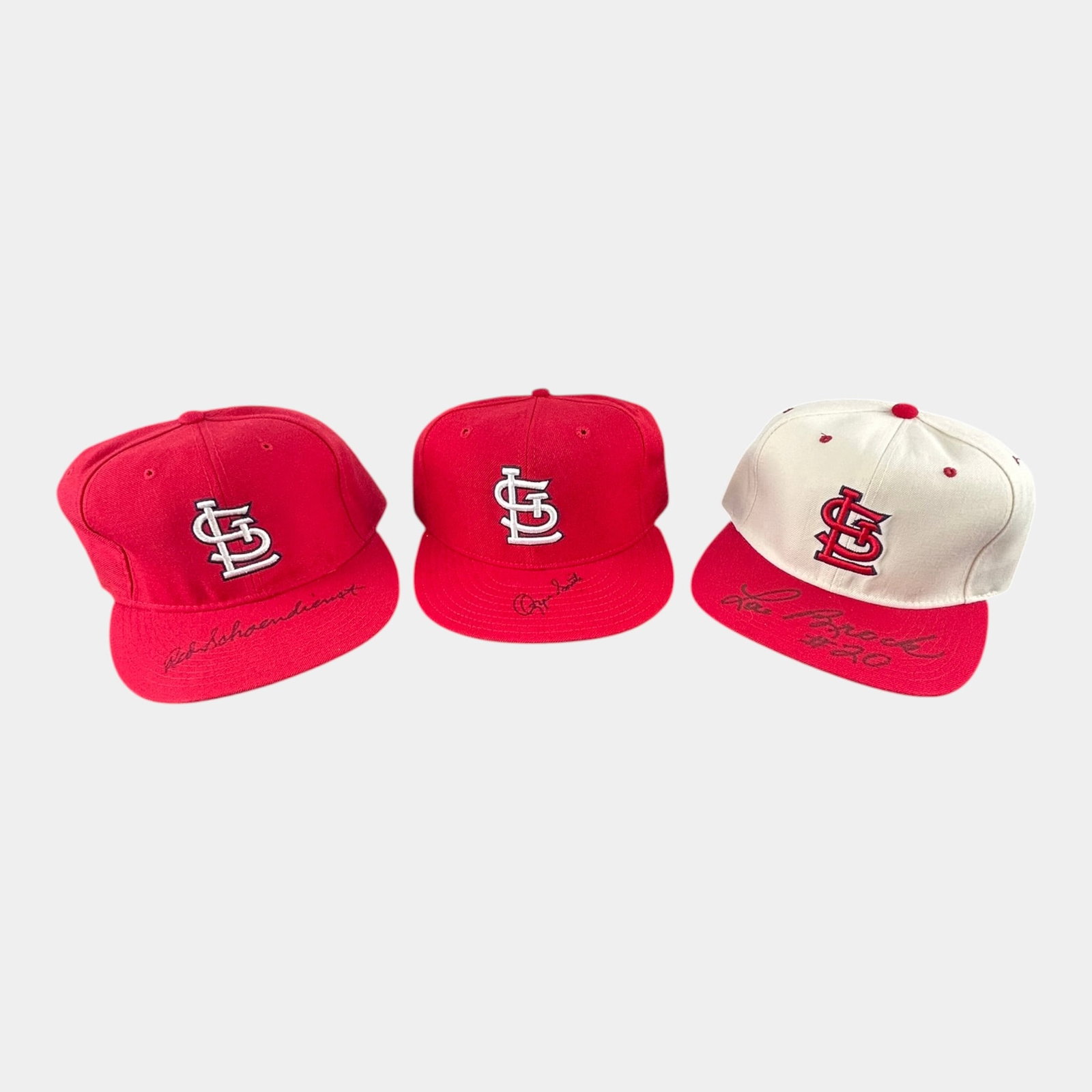 Red Schoendienst, Ozzie Smith, & Lou Brock Autographed St Louis Cardinals Baseball Caps Hats (1 of 10)