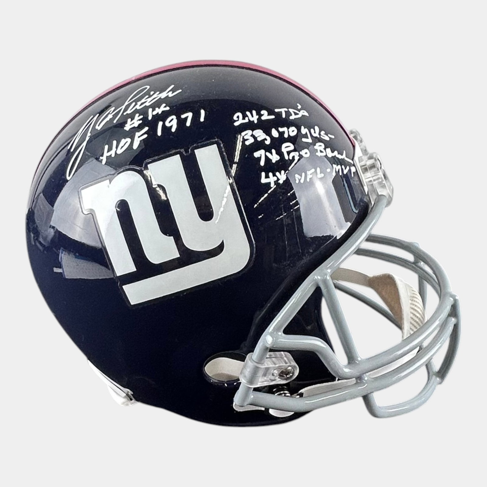 Y.A. Tittle Signed Autographed New York Giants Full Size NFL Football Helmet: Professional, fast, and affordable in house shipping available for all items. For higher resolution images please visit bid.craftedauctions.com Y.A. Tittle Signed Autographed New York Giants Full Size