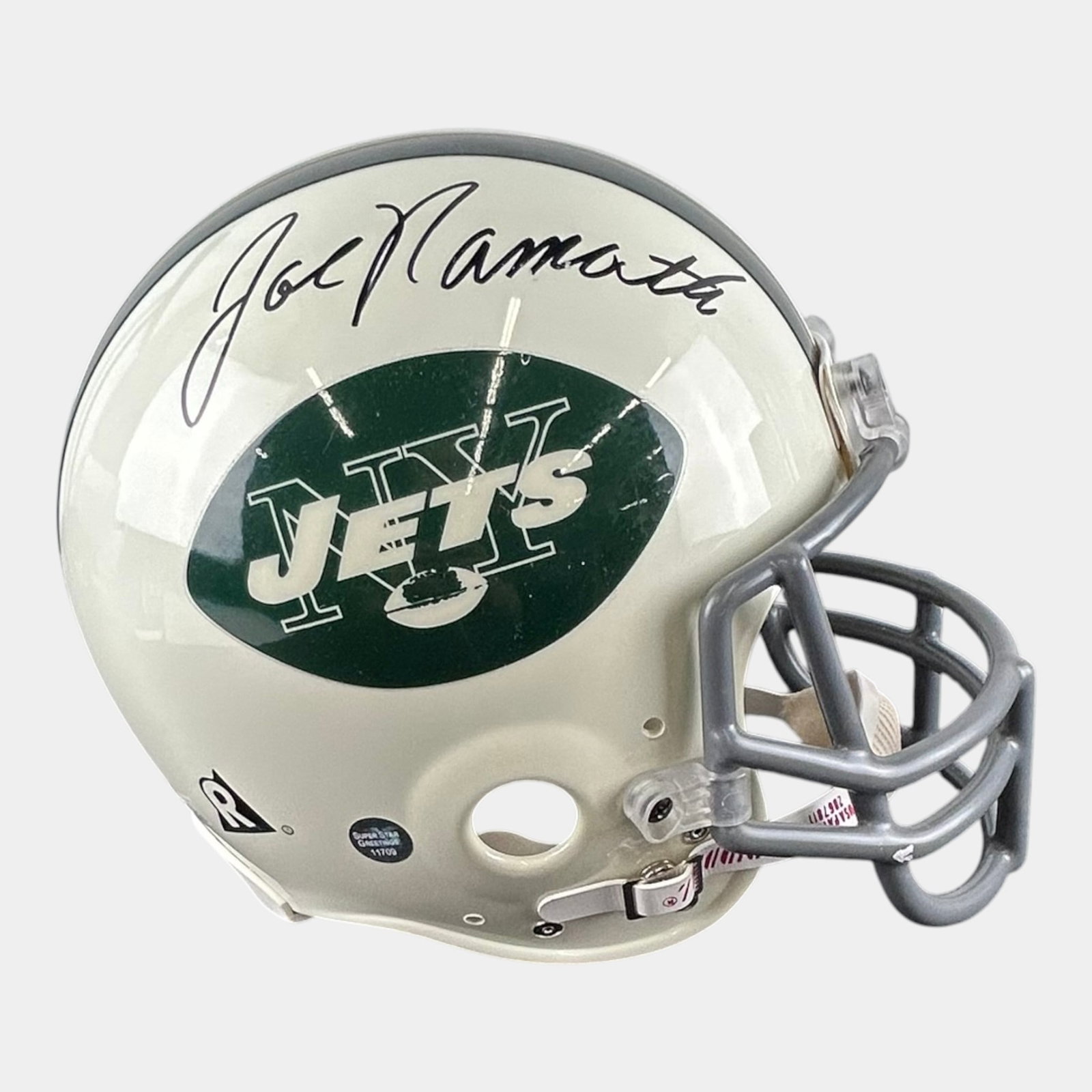 Joe Namath Signed Autographed New York Jets Full Size NFL Football Helmet: Professional, fast, and affordable in house shipping available for all items. For higher resolution images please visit bid.craftedauctions.com Joe Namath Signed Autographed New York Jets Full Size NF