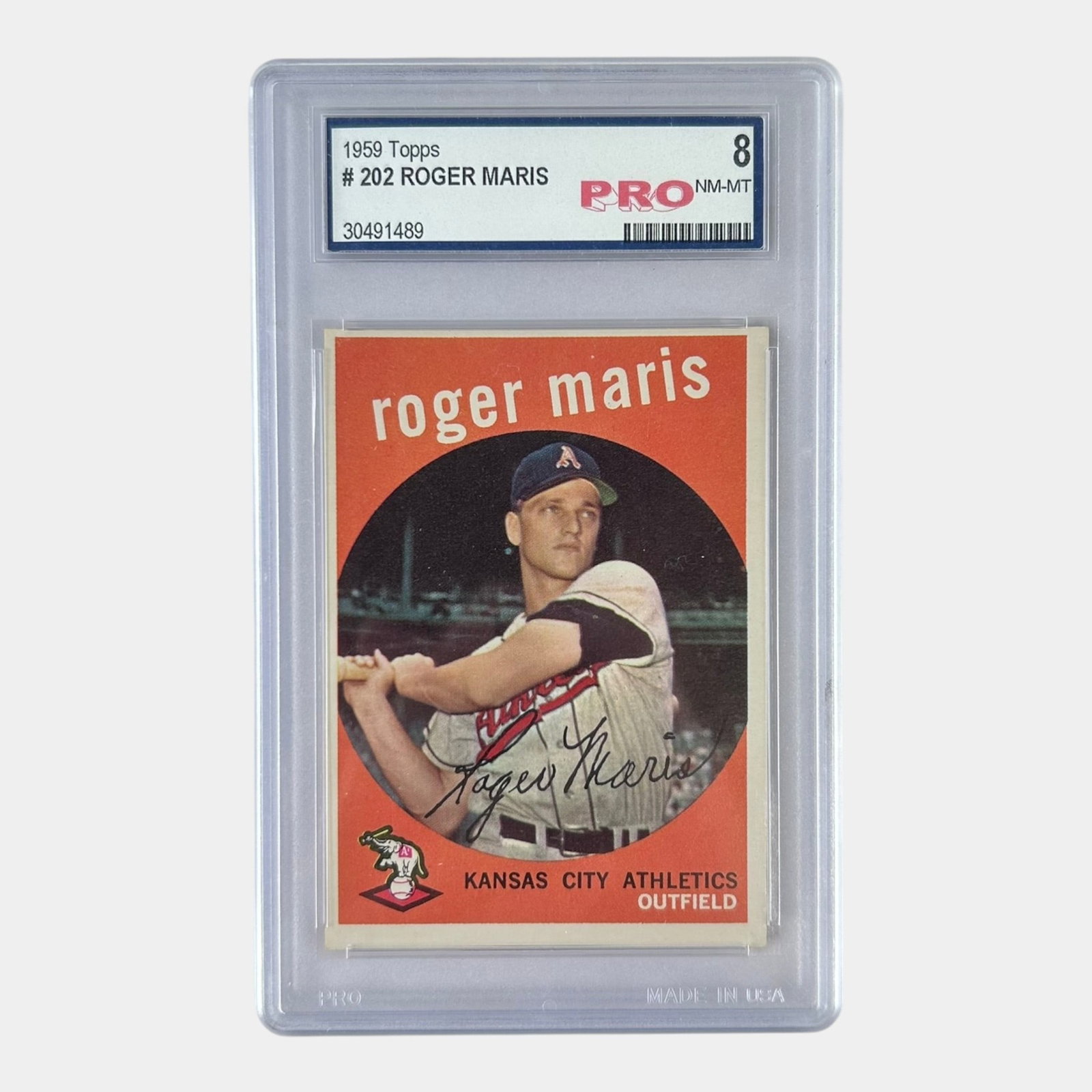1959 Topps #202 Roger Maris Slabbed Graded Pro 8 Kansas City Athletics Baseball Card: Professional, fast, and affordable in house shipping available for all items. For higher resolution images please visit bid.craftedauctions.com 1959 Topps #202 Roger Maris Slabbed Graded Pro 8 Kansas 