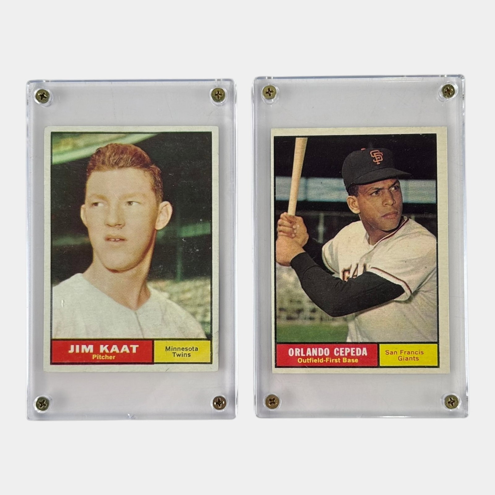 1961 Topps Jim Kaat Minnesota Twins & Orlando Cepeda Giants High Grade Baseball Cards: Professional, fast, and affordable in house shipping available for all items. For higher resolution images please visit bid.craftedauctions.com 1961 Topps Jim Kaat Minnesota Twins & Orlando Cepeda Gia