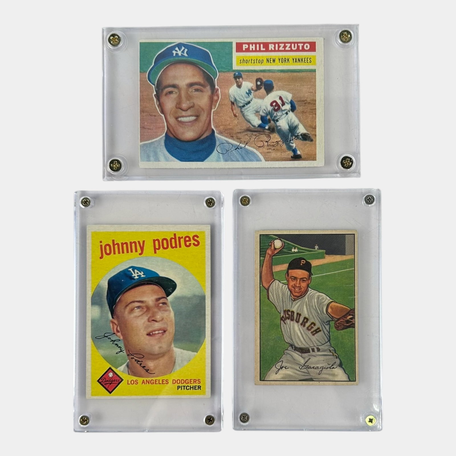 1956 Topps #113 Phil Rizzuto, 1959 Topps #495 Johnny Podres, & 1952 Bowman Joe Garagiola Baseball (1 of 2)