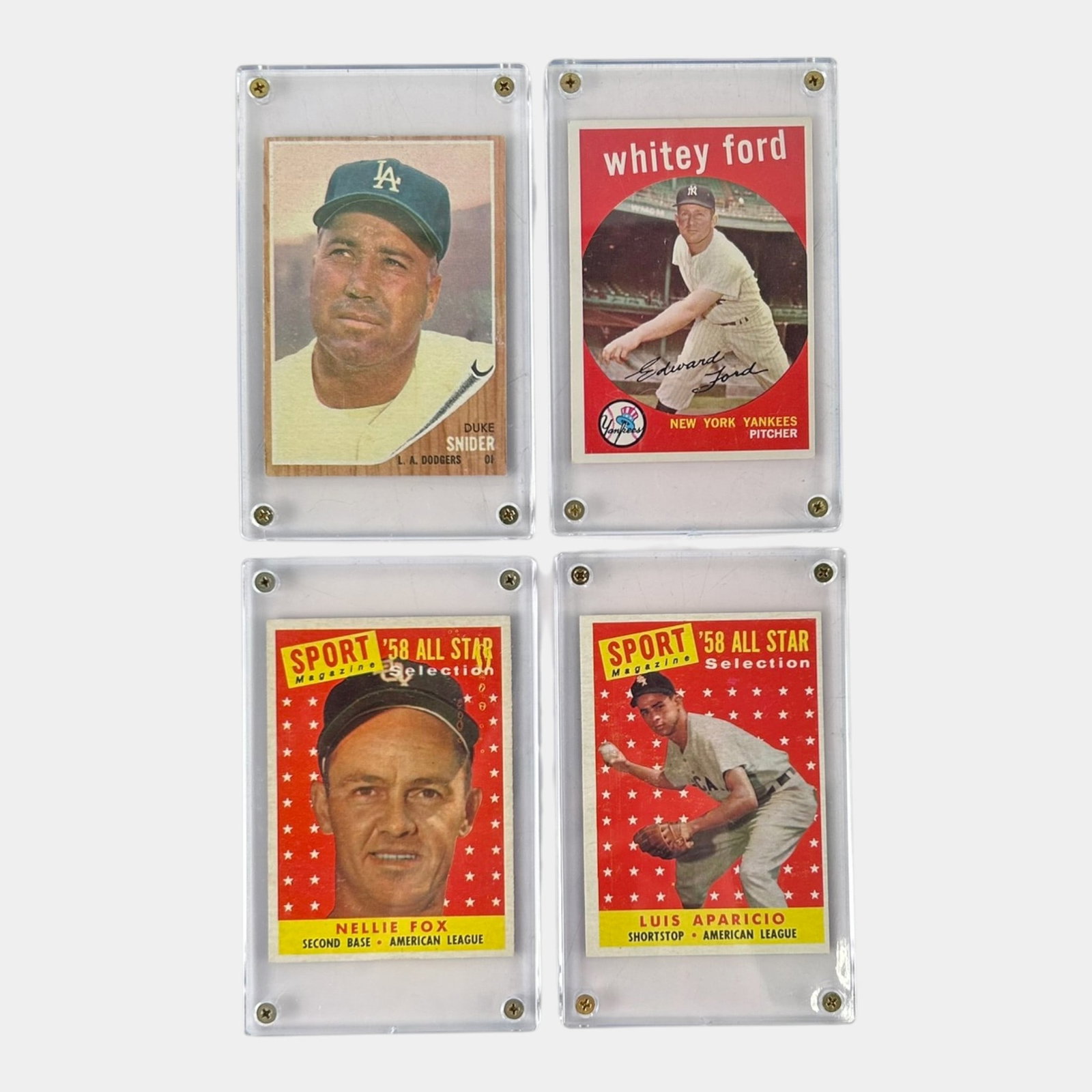 1959 & 1962 Topps Nellie Fox, Luis Aparicio, Whitey Ford, & Duke Snider High Grade Baseball Cards (1 of 2)