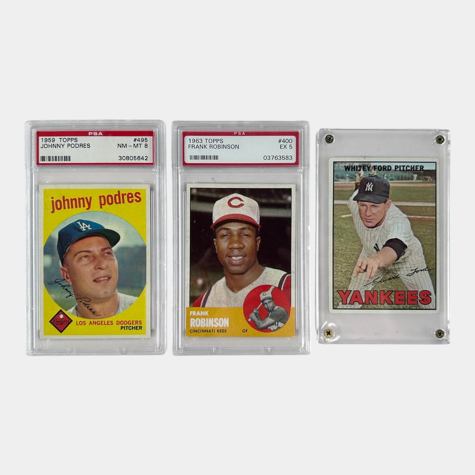 1959 Topps Johnny Podres PSA 8, 1963 Topps Frank Robinson PSA 5, 1967 Topps Whitey Ford Baseball (1 of 2)