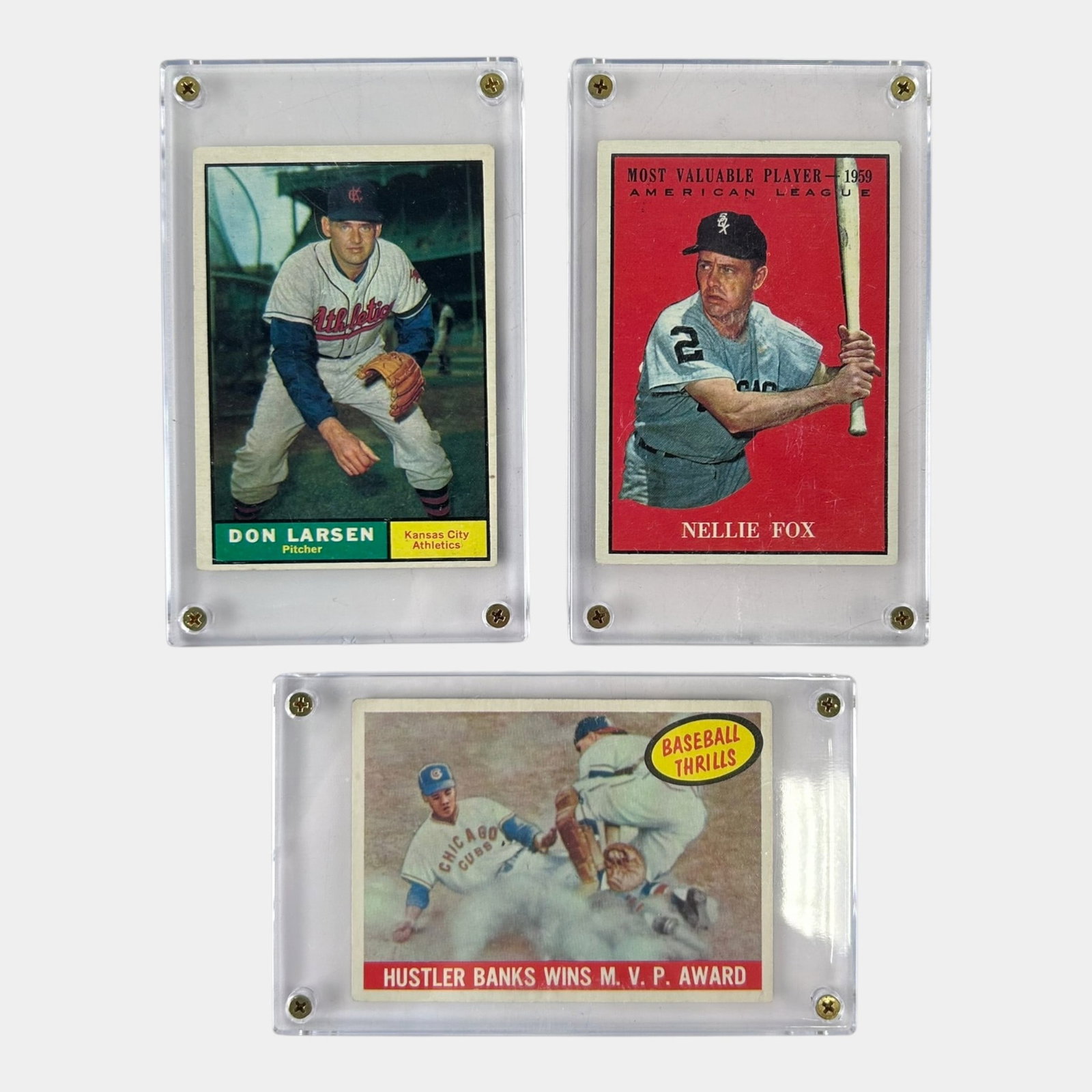 1959 Topps Ernie Banks, 1961 Topps Don Larsen, 1961 Topps Nellie Fox High Grade Baseball Cards: Professional, fast, and affordable in house shipping available for all items. For higher resolution images please visit bid.craftedauctions.com 1959 Topps Ernie Banks, 1961 Topps Don Larsen, 1961 Topp