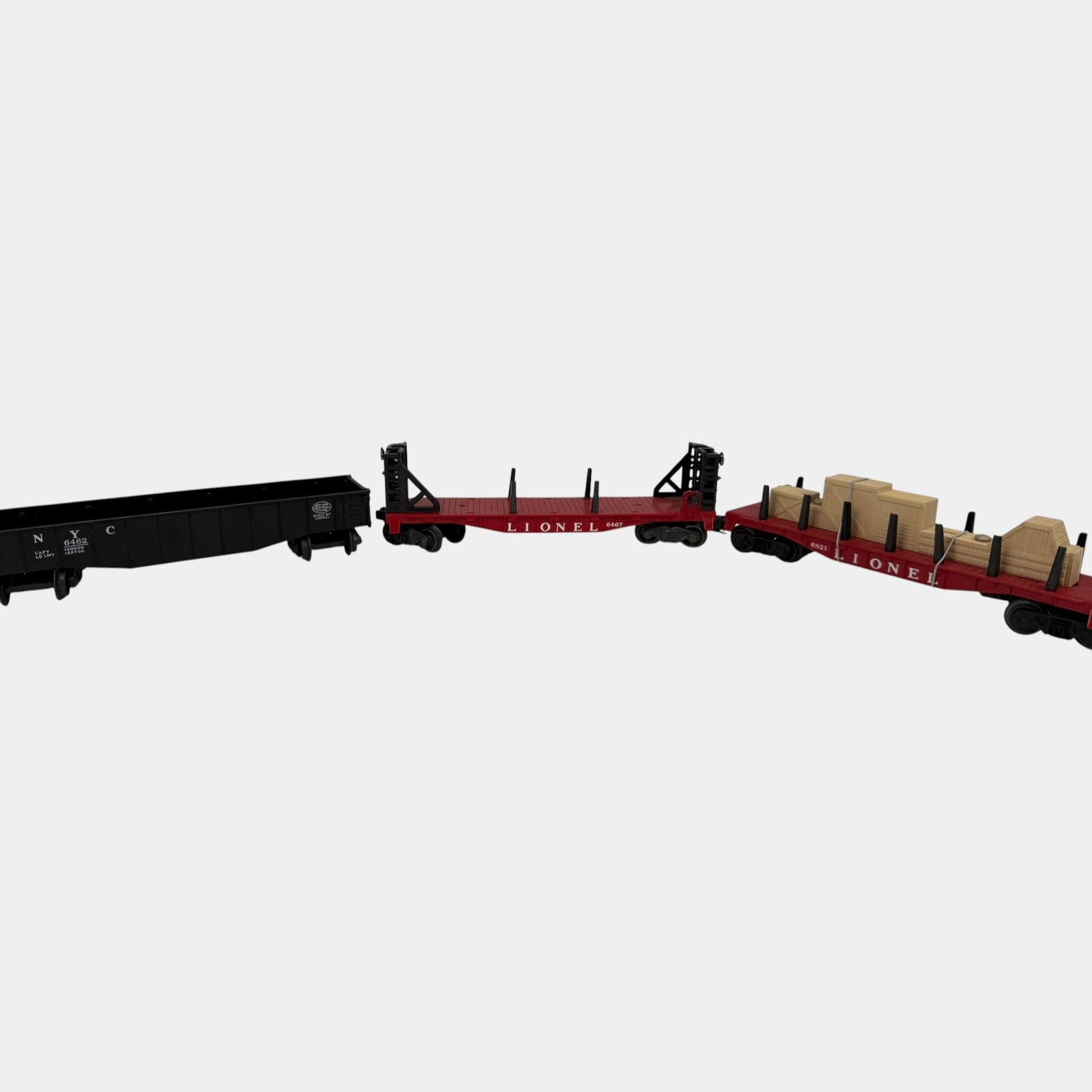 Lionel Trains Post War Black NYC Gondola 6462, Red 6467 Flatbed, & Red Flatbed 6821 Train Cars (1 of 4)