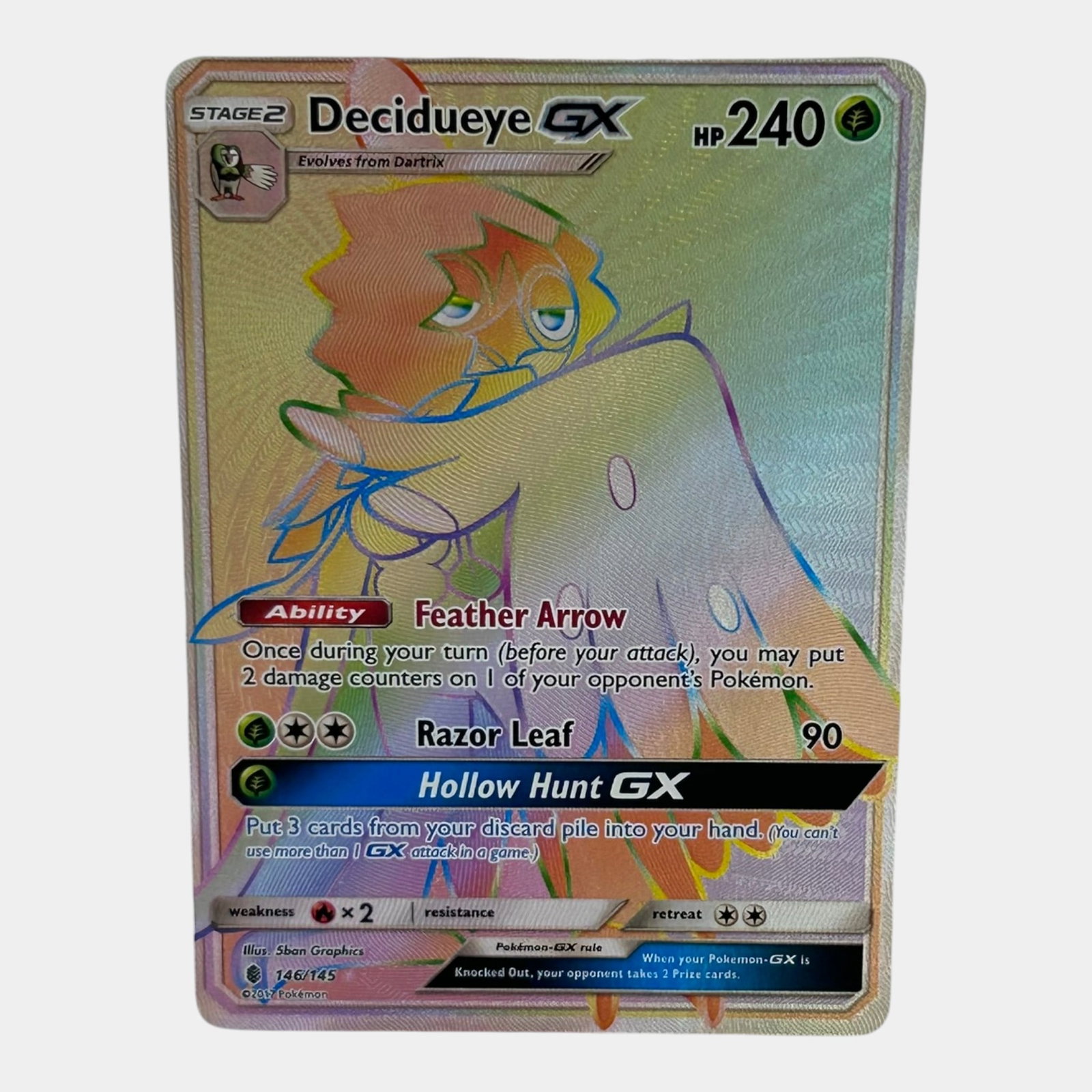 Decidueye GX #146 Secret Rainbow Rare Sun & Moon Guardians Rising Pokemon Card: Professional, fast, and affordable in house shipping available for all items. For higher resolution images please visit bid.craftedauctions.com Decidueye GX #146 Secret Rainbow Rare Sun & Moon Guardia