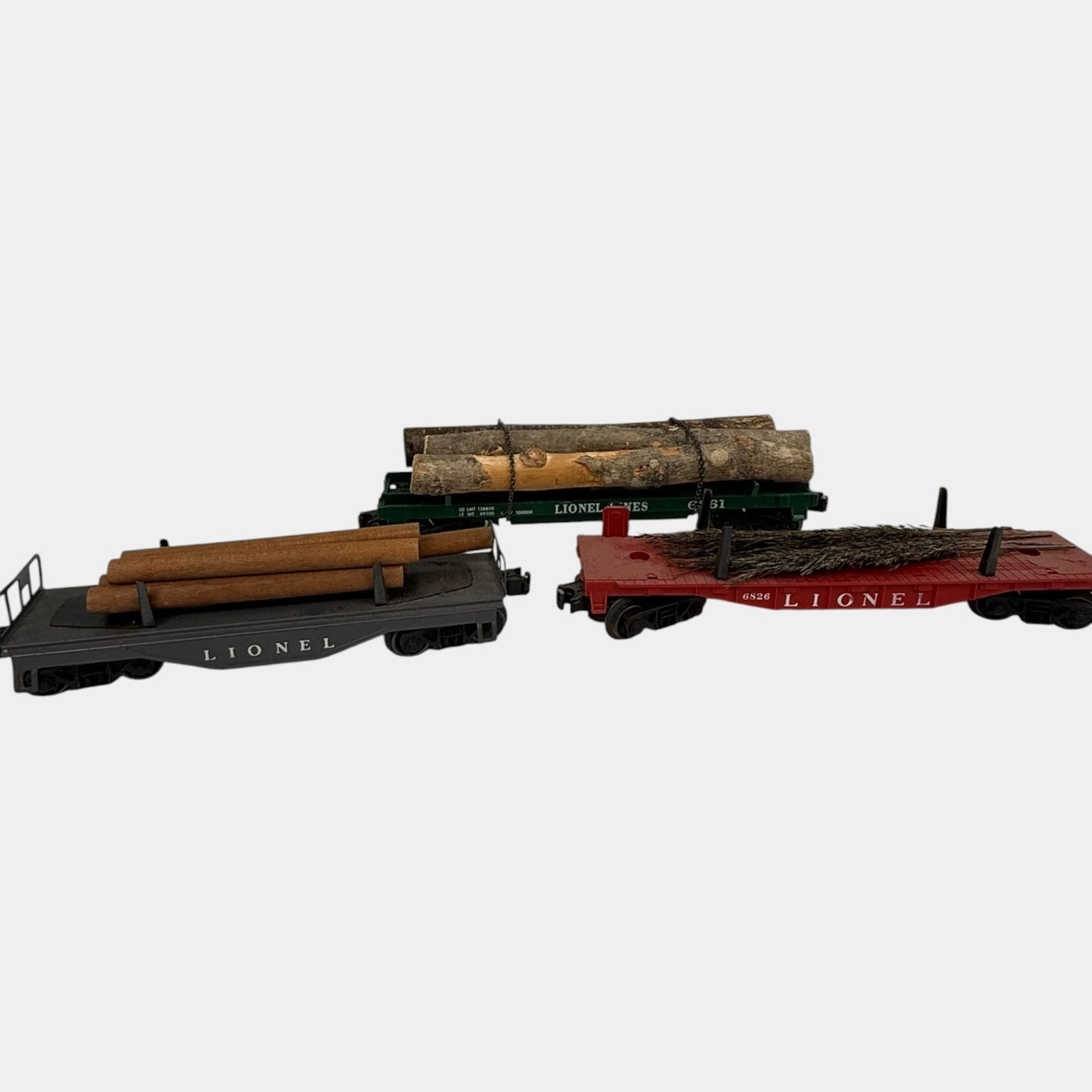 Lionel Trains Post War Red Flatbed 6826, Green Flatbed 6361, Gray Metal Flatbed 6111 Train Cars (1 of 4)