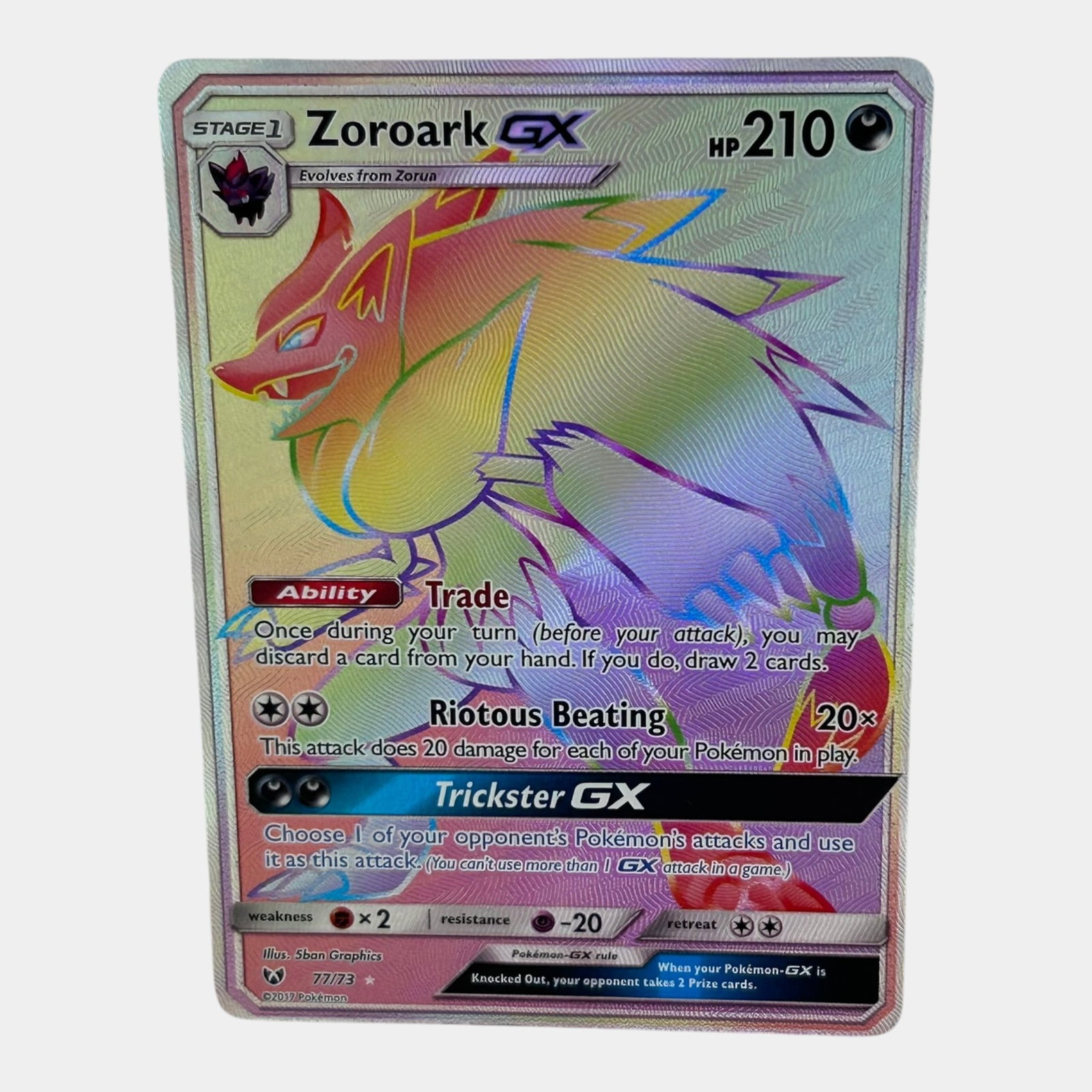 Zoroark GX Secret Rainbow Rare #77 Sun & Moon Shining Legends Pokemon TCG Card: Professional, fast, and affordable in house shipping available for all items. For higher resolution images please visit bid.craftedauctions.com Zoroark GX Secret Rainbow Rare #77 Sun & Moon Shining Le