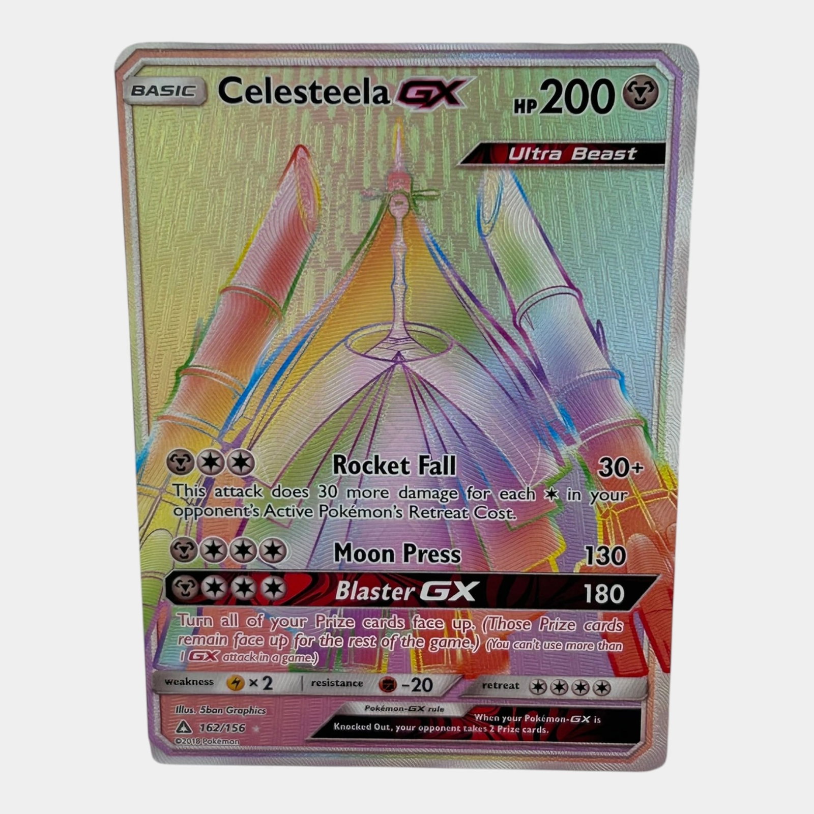 Celesteela GX #162 Full Art Secret Rainbow Rare Sun & Moon Ultra Prism Pokemon Card: Professional, fast, and affordable in house shipping available for all items. For higher resolution images please visit bid.craftedauctions.com Celesteela GX #162 Full Art Secret Rainbow Rare Sun & Mo