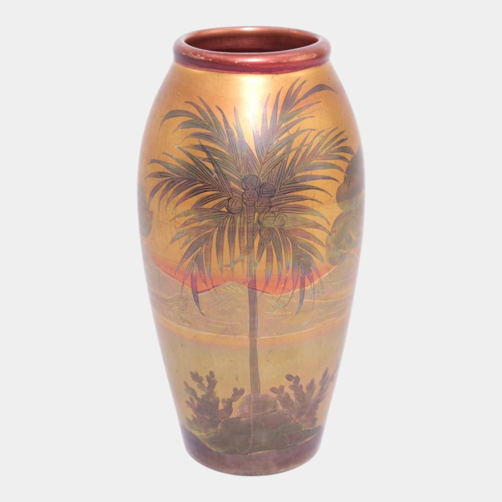 Weller LaSa 1920s Art Nouveau Pottery Luster Glaze Scenic Palm Trees Vase: Professional, fast, and affordable in house shipping available for all items. For higher resolution images please visit bid.craftedauctions.com Weller LaSa 1920s Art Nouveau Pottery Luster Glaze Sceni