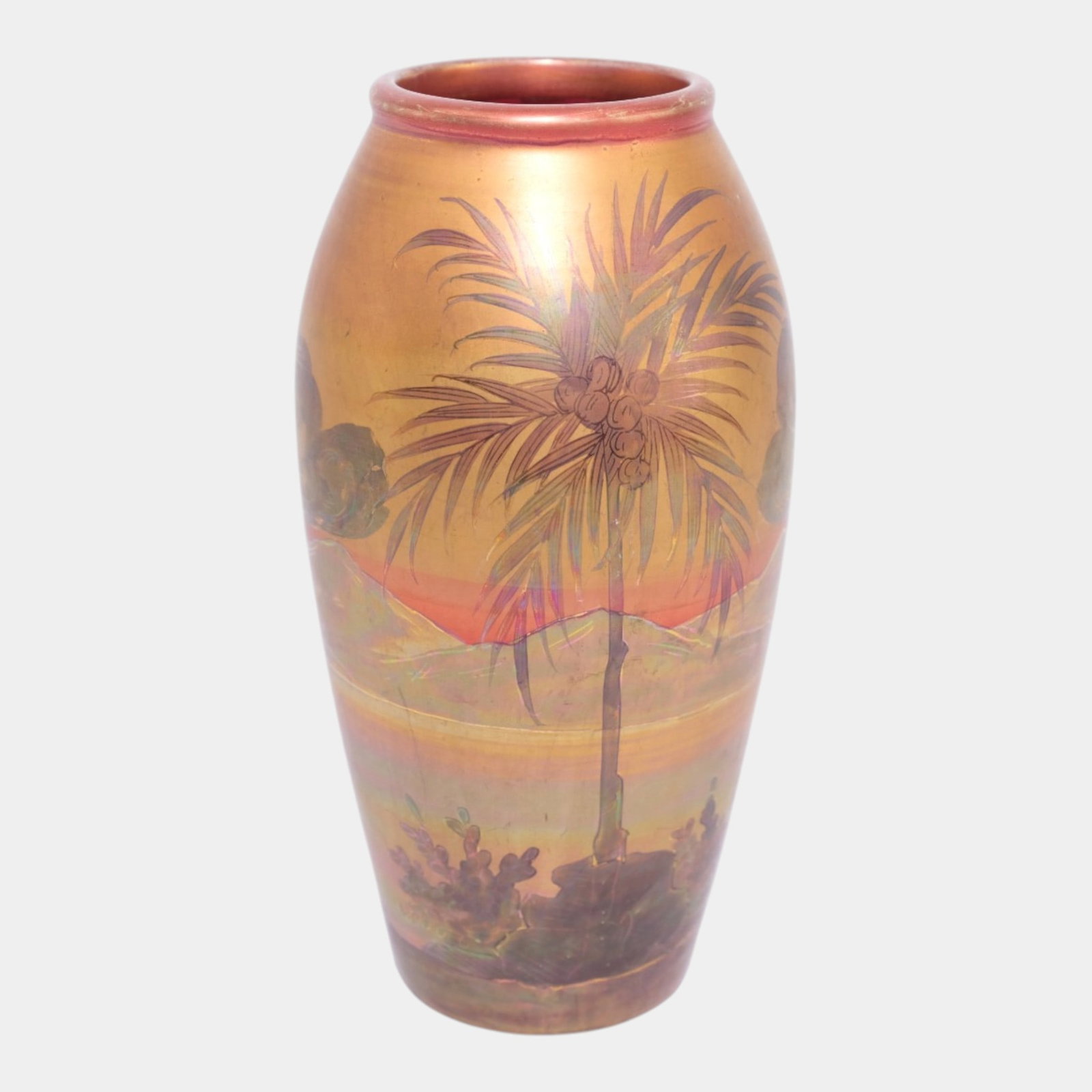 Weller LaSa 1920s Art Nouveau Pottery Luster Glaze Scenic Tall Trees Vase: Professional, fast, and affordable in house shipping available for all items. For higher resolution images please visit bid.craftedauctions.com Weller LaSa 1920s Art Nouveau Pottery Luster Glaze Sceni