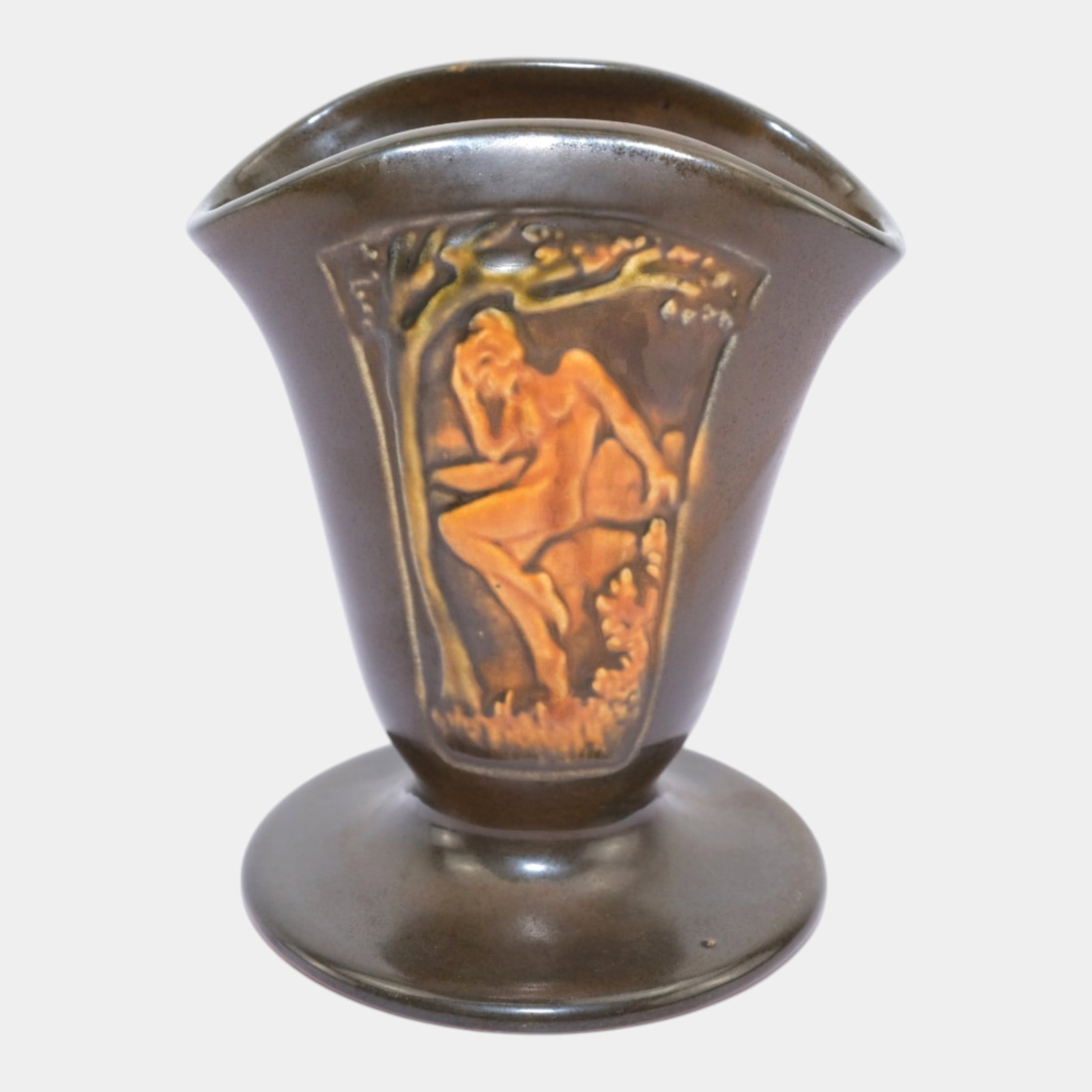 Roseville Rosecraft Panel Brown 1926 Vintage Art Pottery Ceramic Nude Fan Vase: Professional, fast, and affordable in house shipping available for all items. For higher resolution images please visit bid.craftedauctions.com Roseville Rosecraft Panel Brown 1926 Vintage Art Pottery