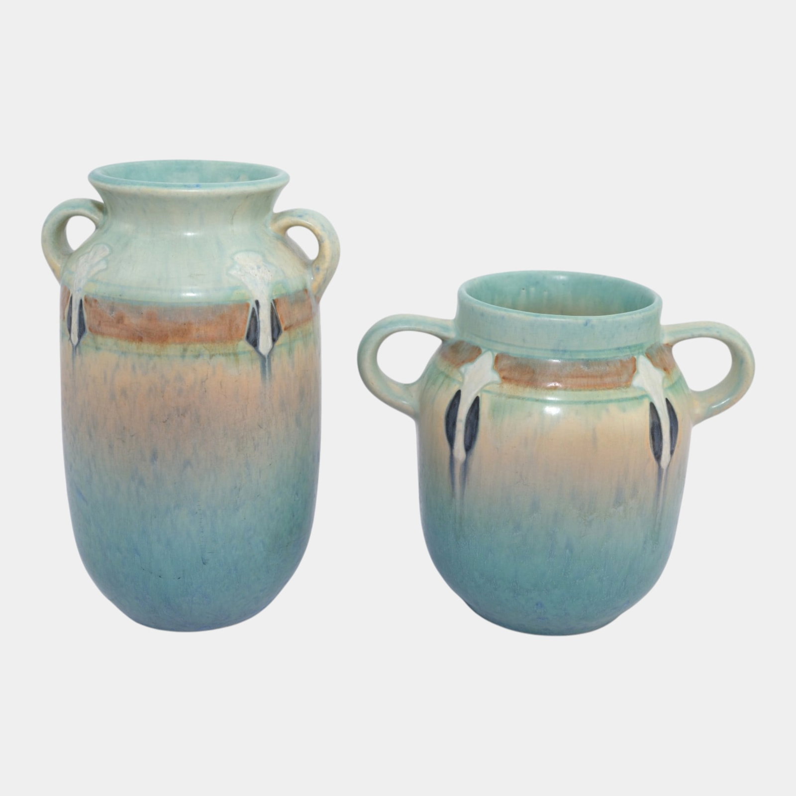 Roseville Montacello Green 1930 Art Pottery Southwestern Style Vases: Professional, fast, and affordable in house shipping available for all items. For higher resolution images please visit bid.craftedauctions.com Roseville Montacello Green 1930 Art Pottery Southwestern