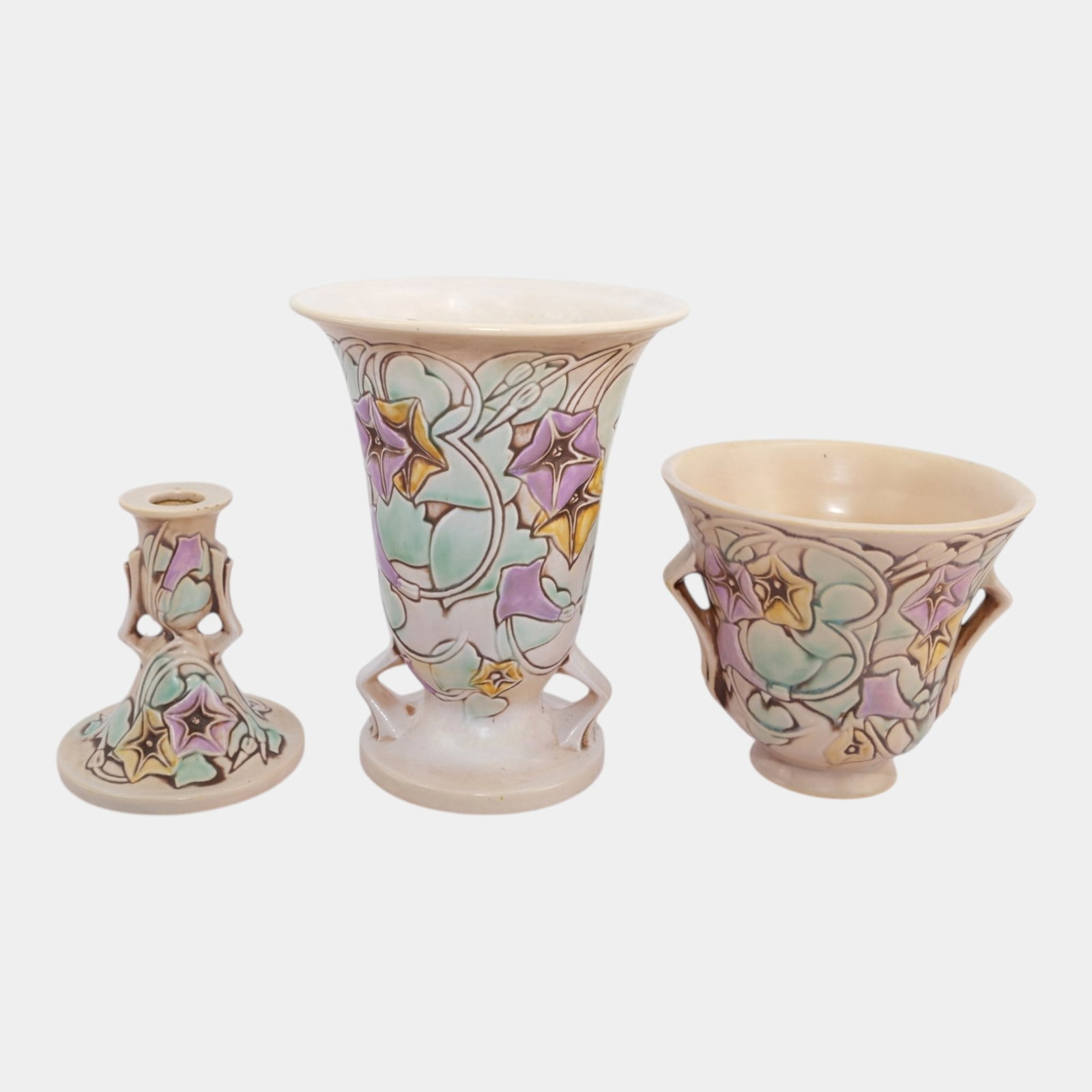 Roseville Morning Glory White 1935 Art Pottery Candle Holder & Double Handled Vases: Professional, fast, and affordable in house shipping available for all items. For higher resolution images please visit bid.craftedauctions.com Roseville Morning Glory White 1935 Art Pottery Candle Ho