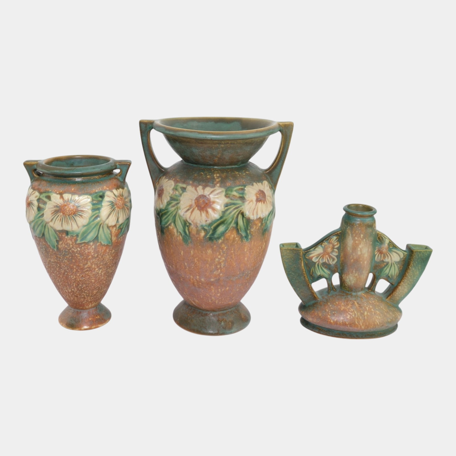 Roseville Dahlrose 1928 Art Pottery Large Handled Vases & Triple Bud Vase (1 of 5)