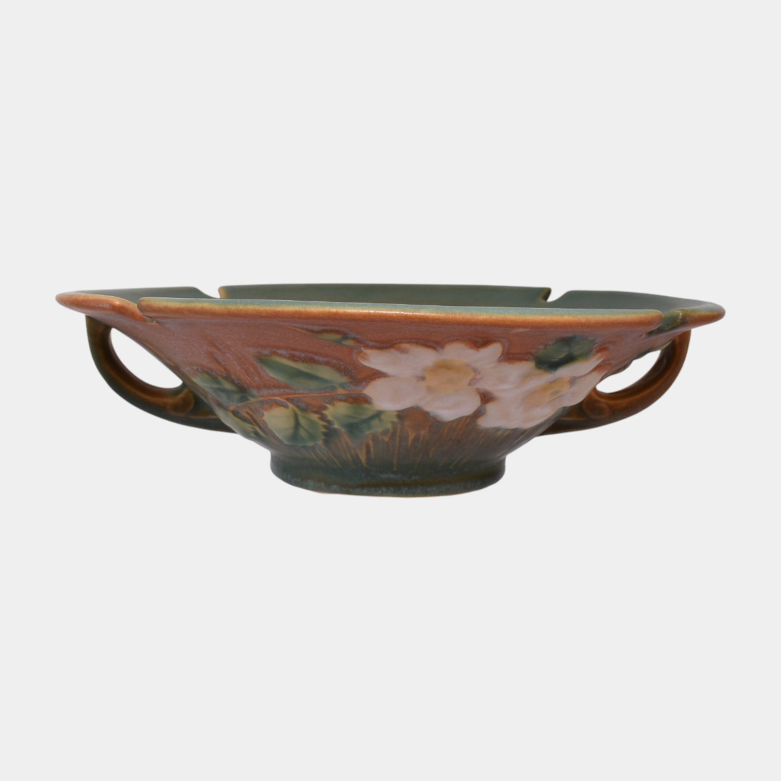 Roseville White Rose Brown Green 1940 Vintage Art Pottery Ceramic Bowl 390-8: Professional, fast, and affordable in house shipping available for all items. For higher resolution images please visit bid.craftedauctions.com Roseville White Rose Brown Green 1940 Vintage Art Potter