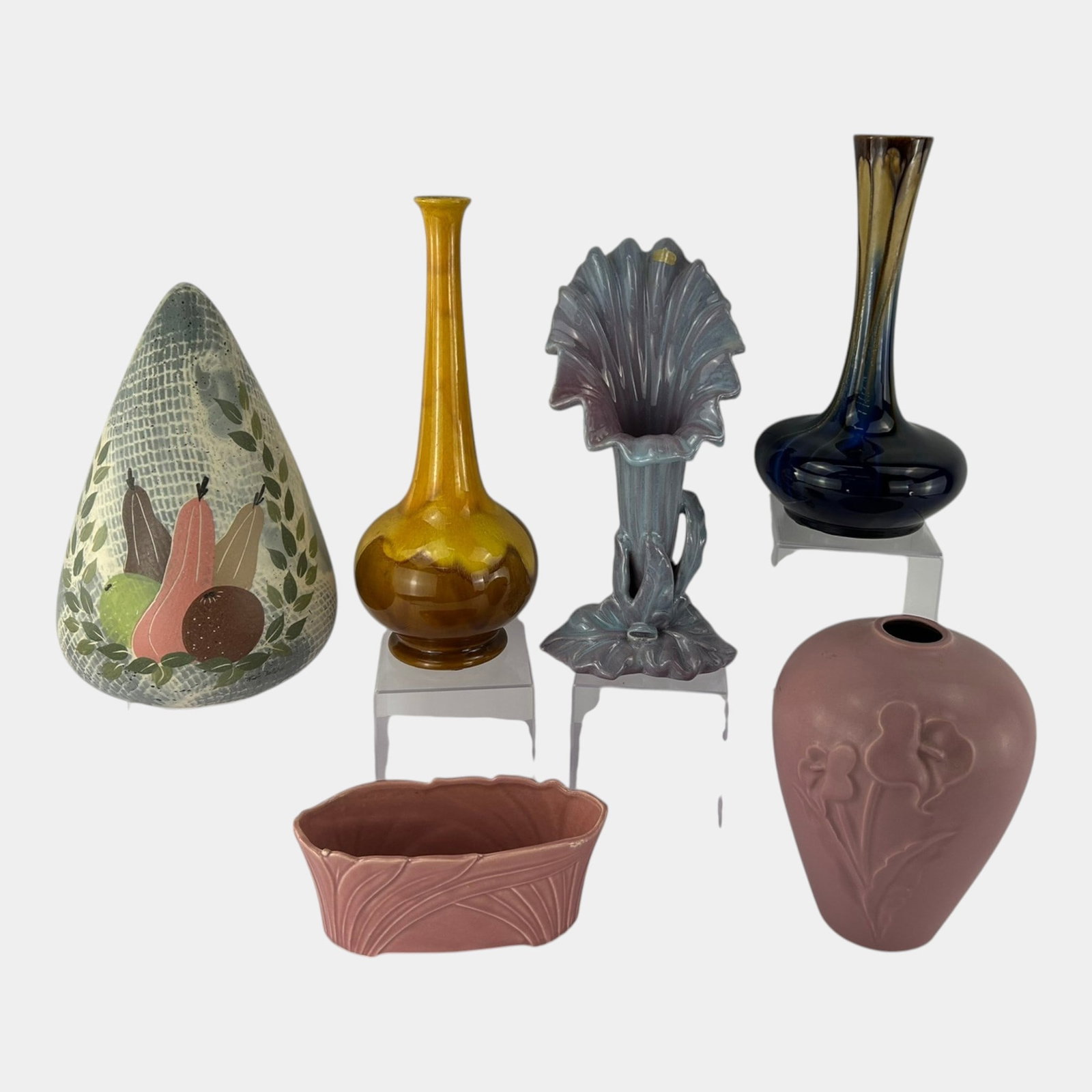 Royal Haeger, Brush, & Belgium Pink Blue Brown Art Pottery Vases And Planter: Professional, fast, and affordable in house shipping available for all items. For higher resolution images please visit bid.craftedauctions.com Royal Haeger, Brush, & Belgium Pink Blue Brown Art Potte