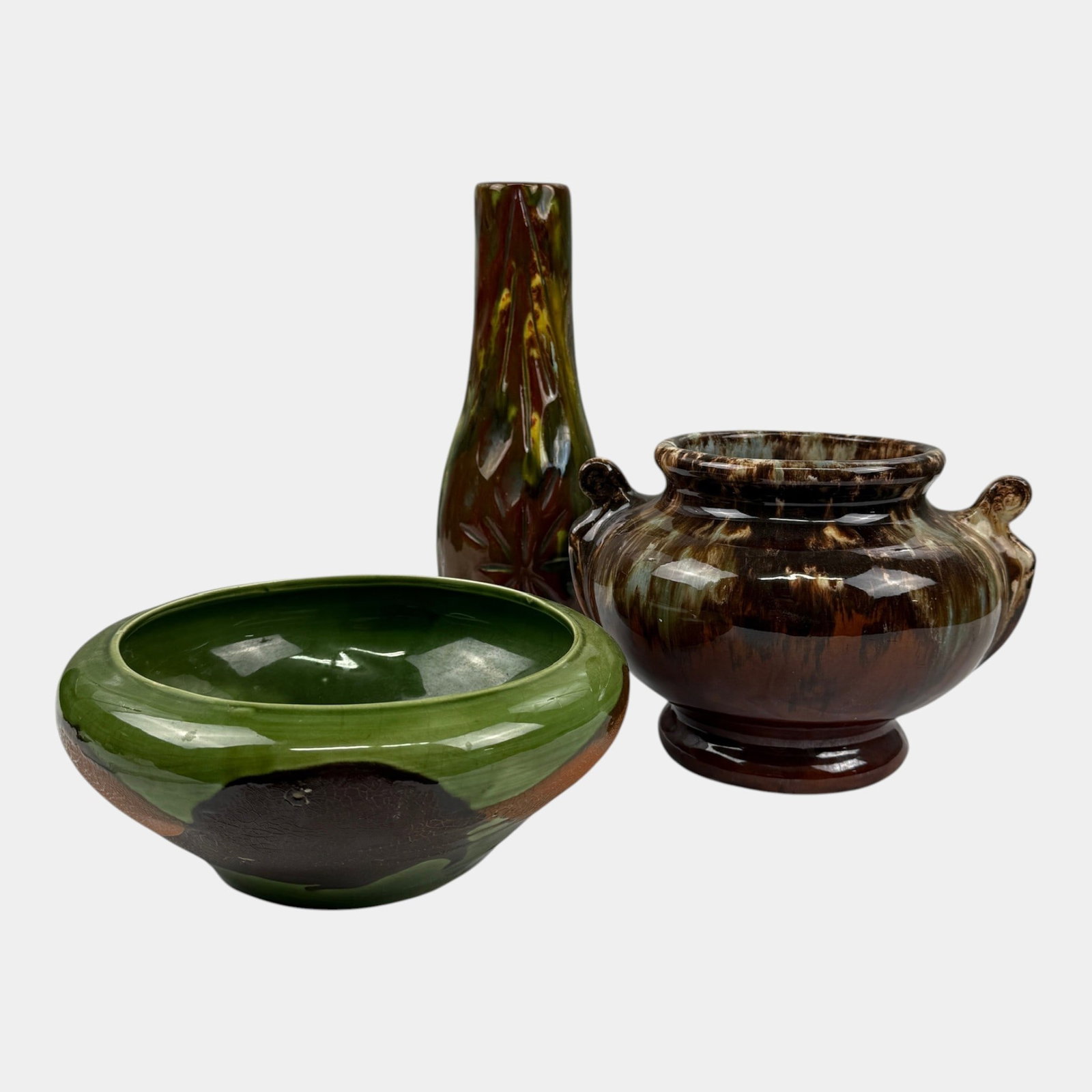 Haeger Earthwrap, Brush McCoy Onyx, & Other Earthy Brown Green Art Pottery Vase, Bowl, & Urn: Professional, fast, and affordable in house shipping available for all items. For higher resolution images please visit bid.craftedauctions.com Haeger Earthwrap, Brush McCoy Onyx, & Other Earthy Brown