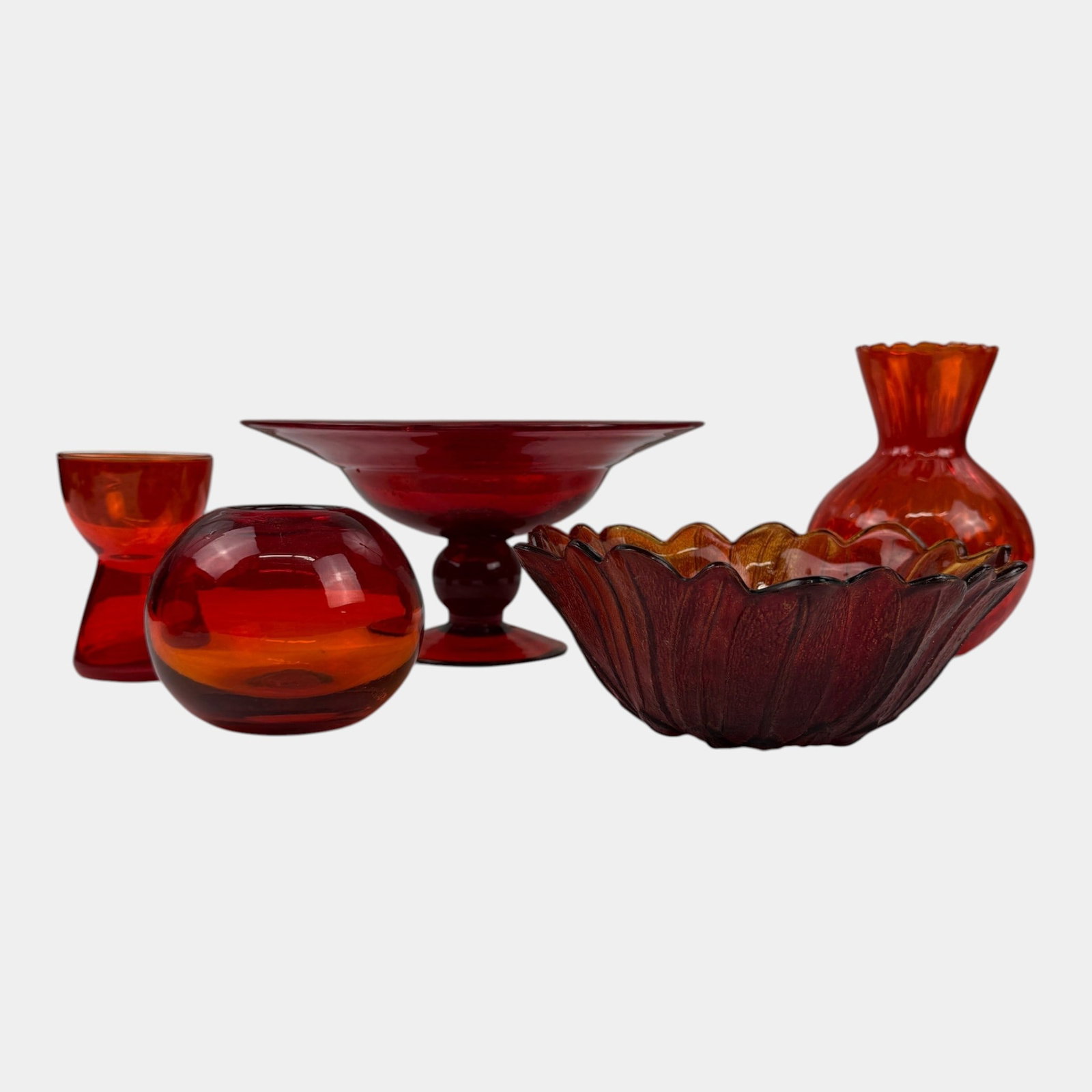 Blenko, Indiana, & Other Mid Century Modern Red Orange Glass Vases, Bowl, & Pedestal Bowl: Professional, fast, and affordable in house shipping available for all items. For higher resolution images please visit bid.craftedauctions.com Blenko, Indiana, & Other Mid Century Modern Red Orange G