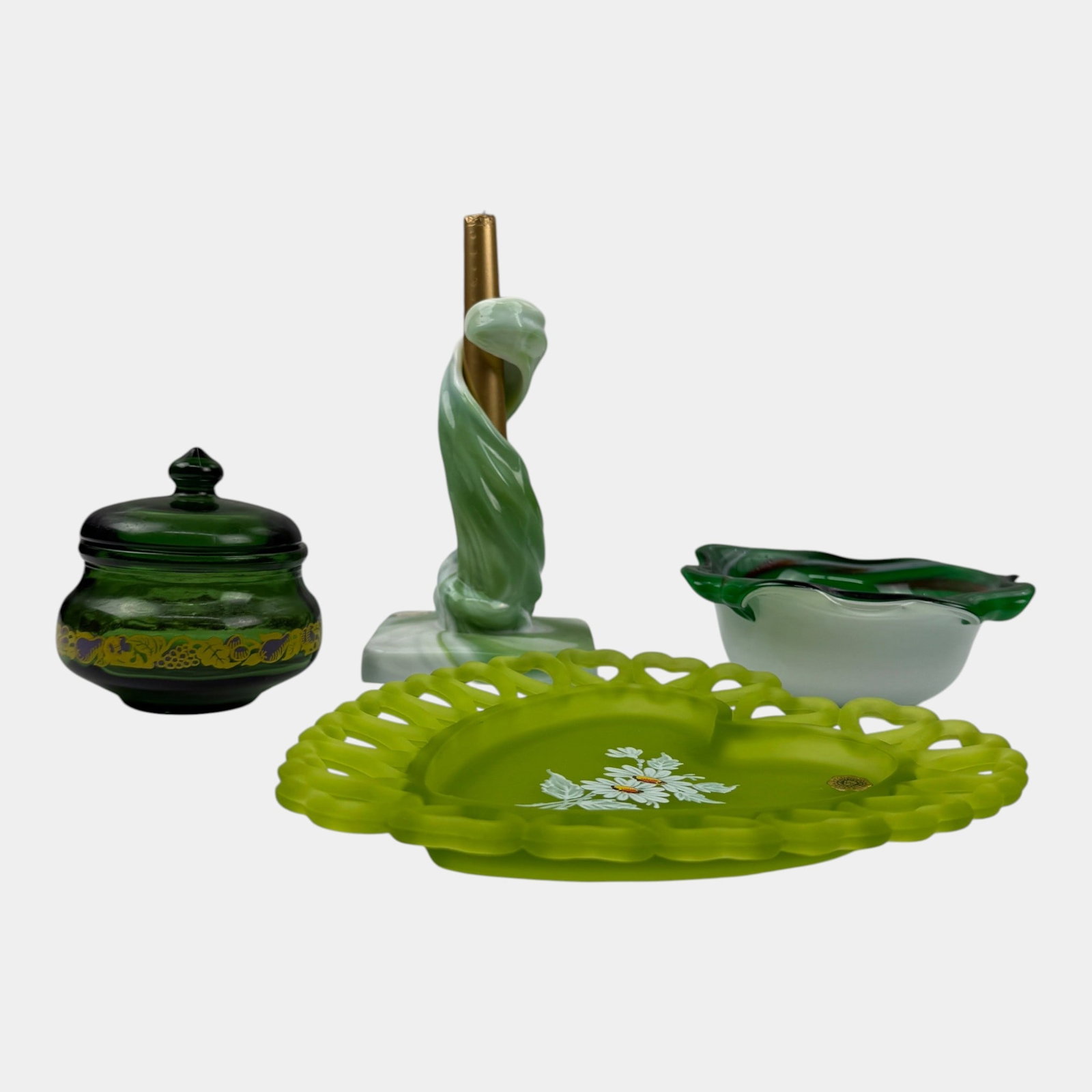 Westmoreland Slag Glass Swirl Candleholder & Heart Dish With Green Bowl And Belgium Cover Jar: Professional, fast, and affordable in house shipping available for all items. For higher resolution images please visit bid.craftedauctions.com Westmoreland Slag Glass Swirl Candleholder & Heart Dish 